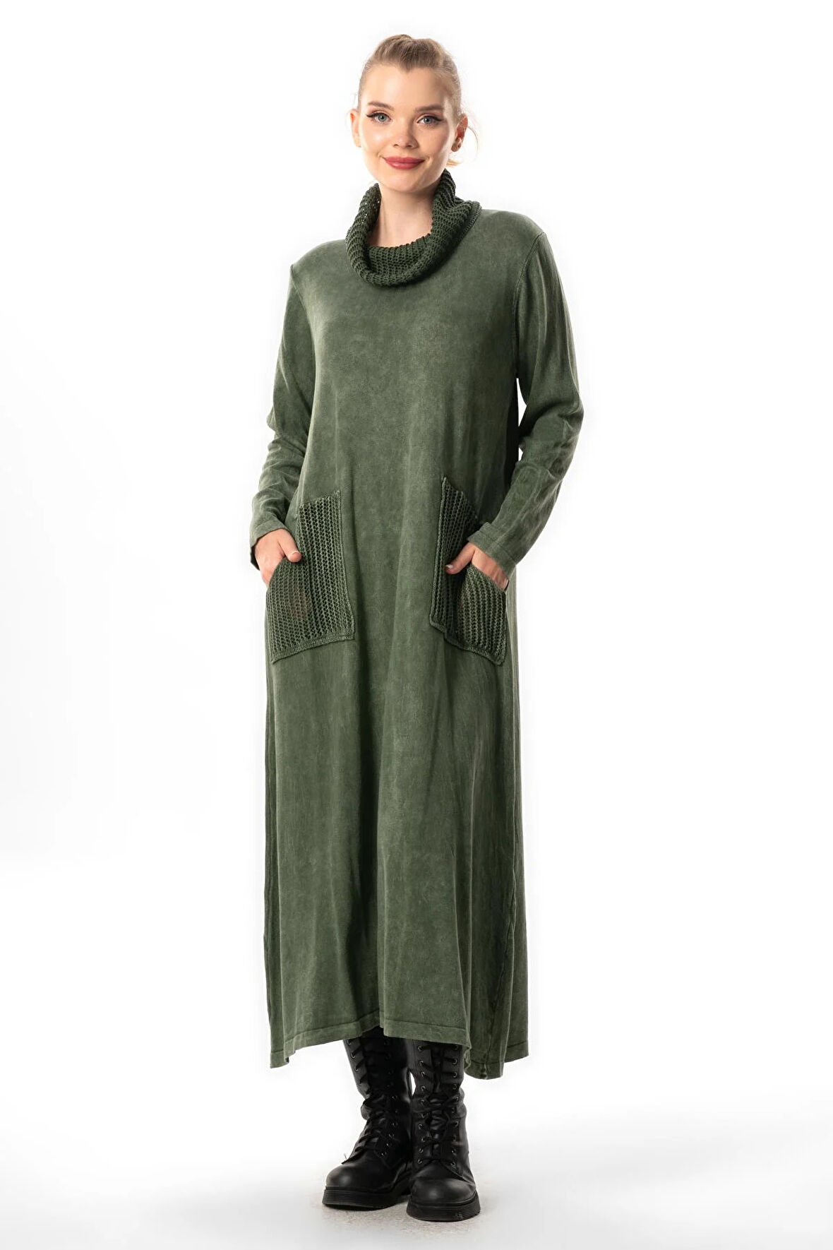 Uzun Kol Sevda Geniş Boğazlı Sonbahar ve Kışlık Cepli Triko Elbise Haki Hk