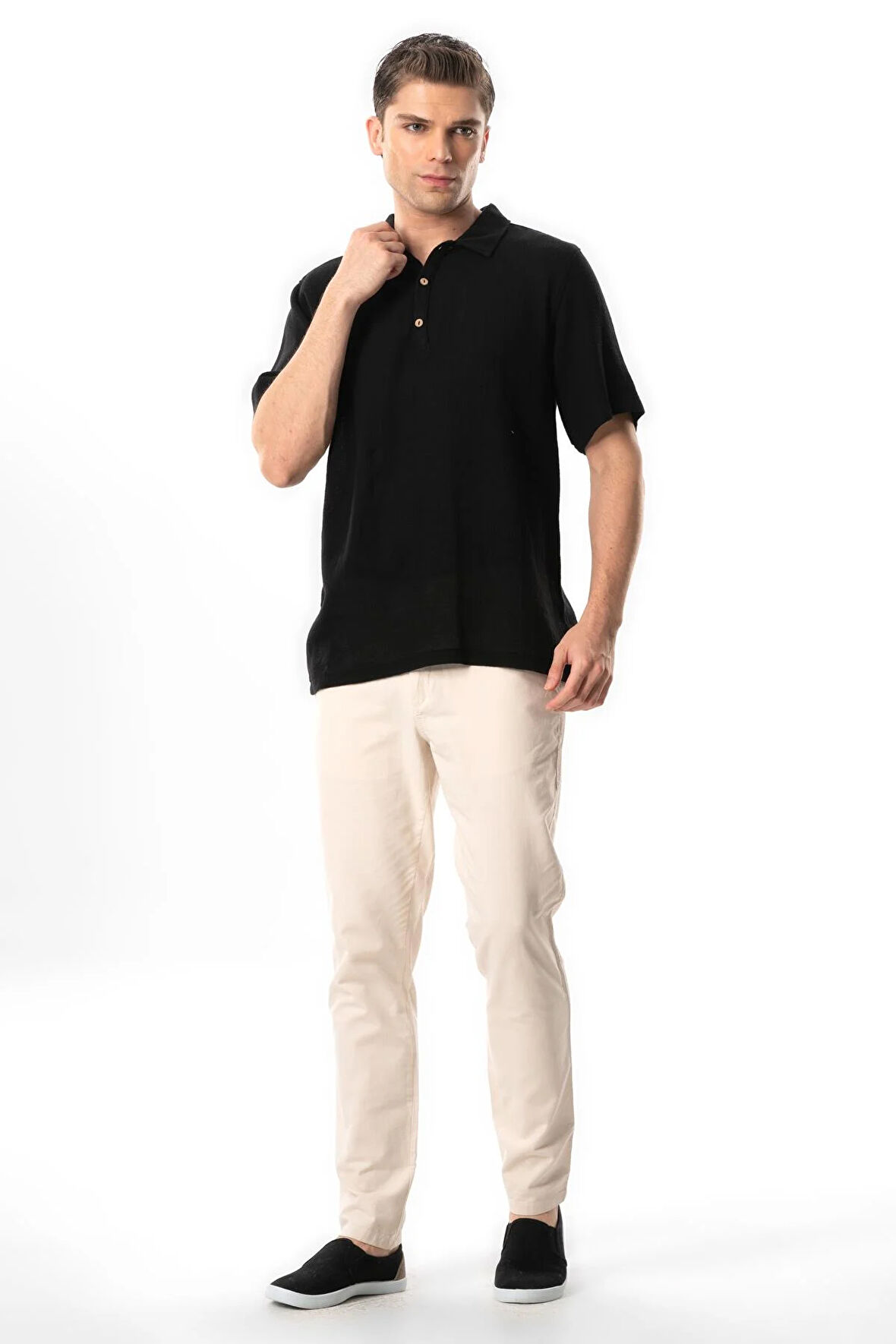 Violet Kısa Kol Foça Düğmeli Erkek Yazlık Tshirt Siyah Syh