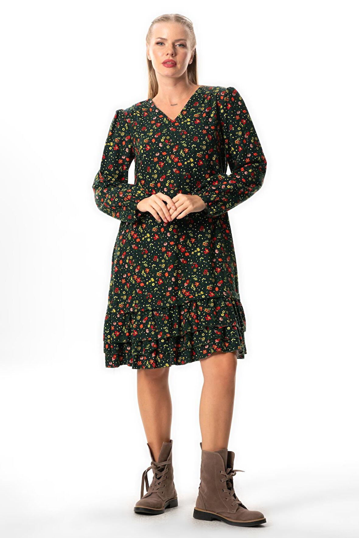 Uzun Kol Evren Pazen V Yaka Sonbahar ve Kışlık Çiçek Desen Fırfırlı Kısa Elbise Yeşil Ysl