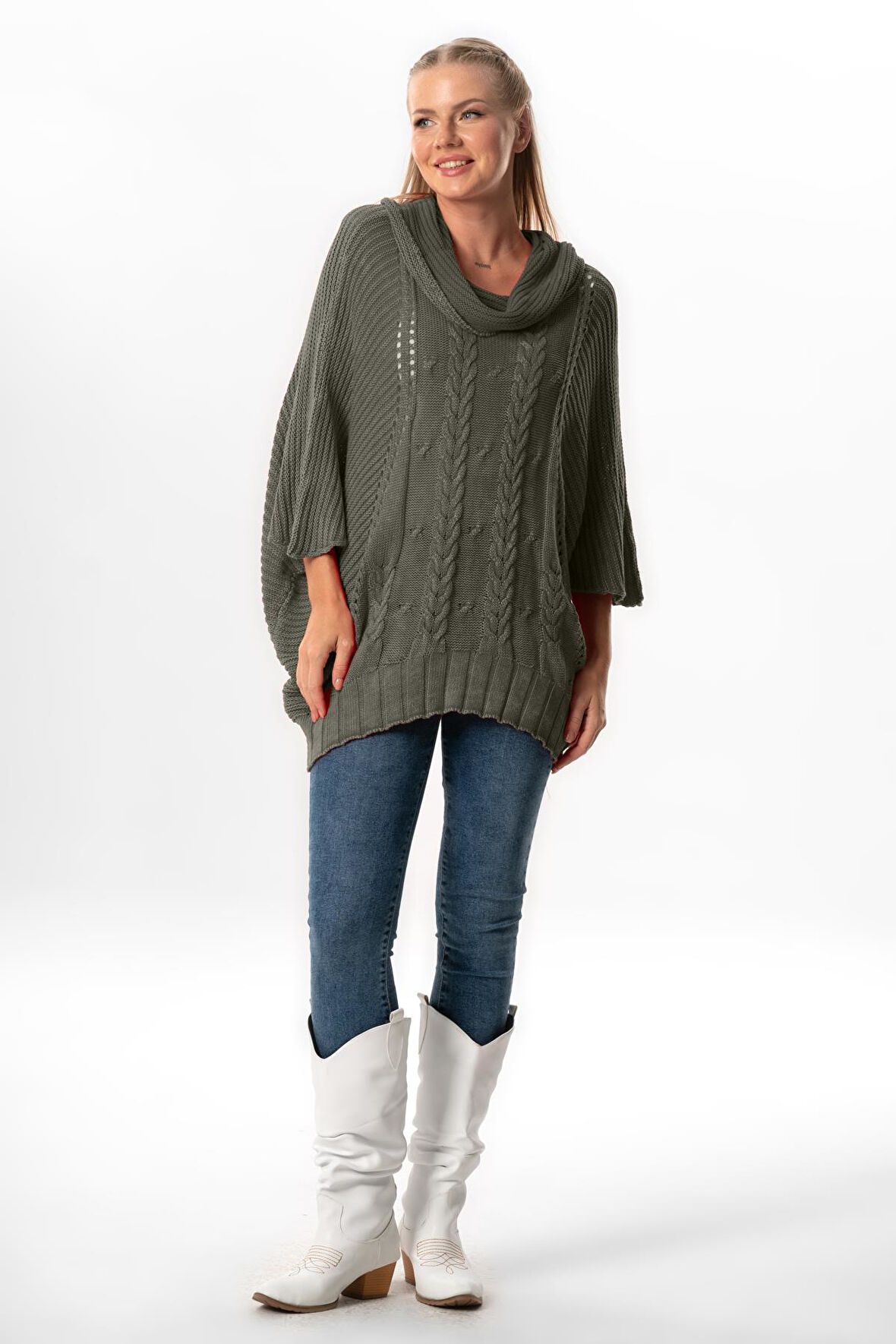 Yarım Kol Ecrin Sonbahar ve Kışlık Geniş Boğazlı Triko Bluz Haki Hk