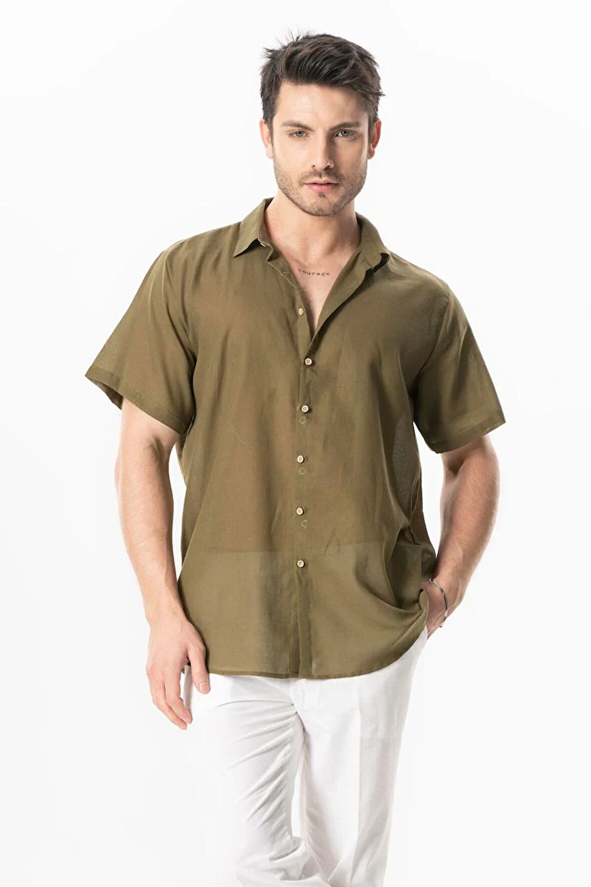 Kısa Kol Poplin Akdeniz Erkek Yazlık Gömlek Haki Hk