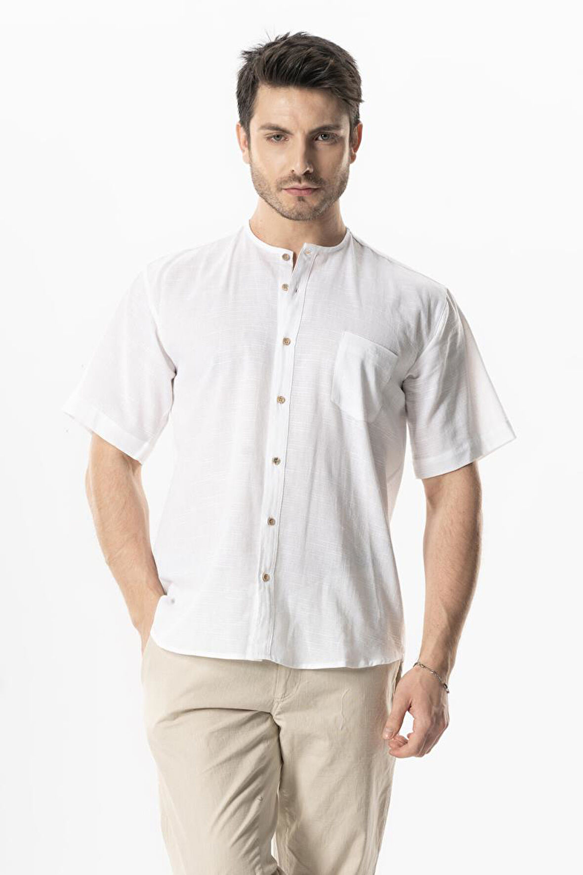 Kısa Kol Şile Bezi Tek Cepli Bisiklet Yaka Erkek Yazlık Gömlek Beyaz 3001