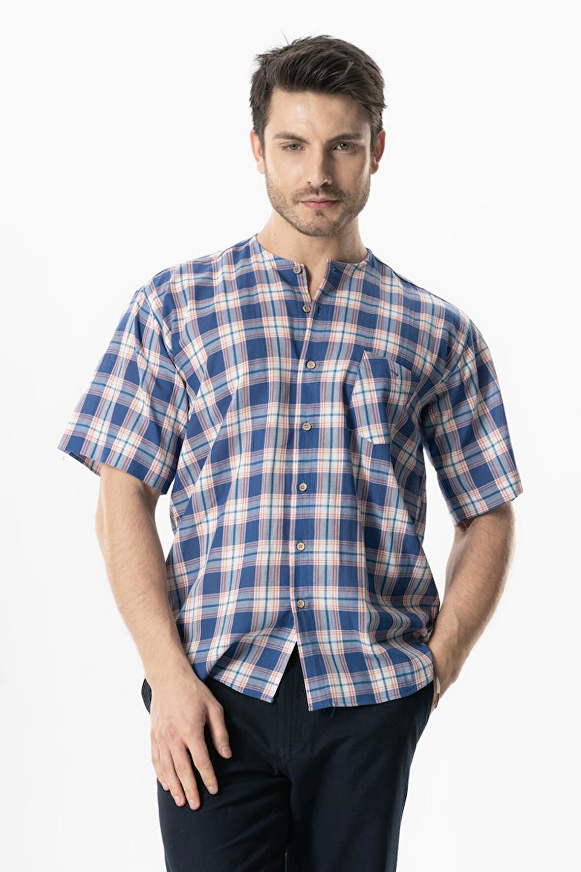 Kısa Kol Şile Bezi Tek Cepli Bisiklet Yaka Erkek Yazlık Gömlek Saks Ekose 3060