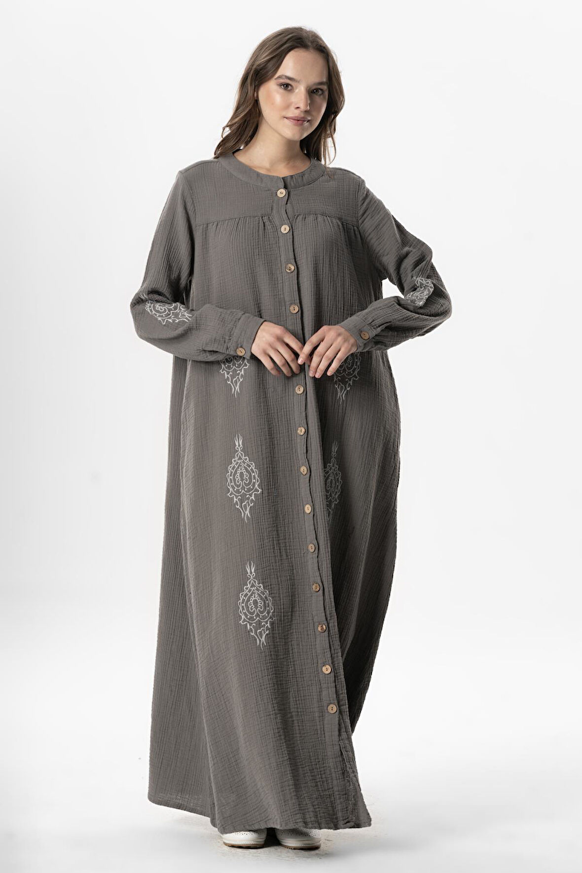 Uzun Kol Laçin Baskılı Müslin Mevsimlik Ferace Gri Gri