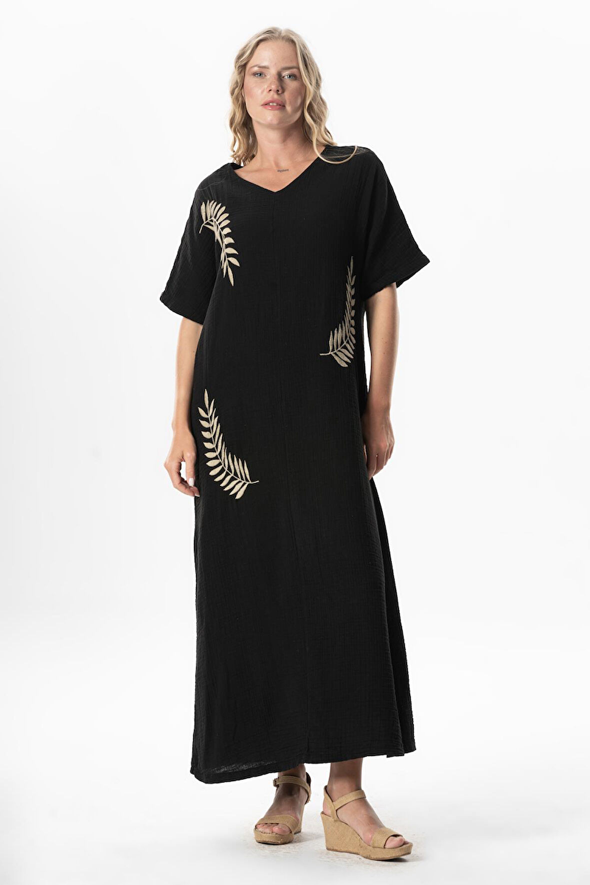 Yarım Kol V Yaka Yaprak Baskılı Uzun Müslin Yazlık Elbise Siyah-Siyah Syh/Syh