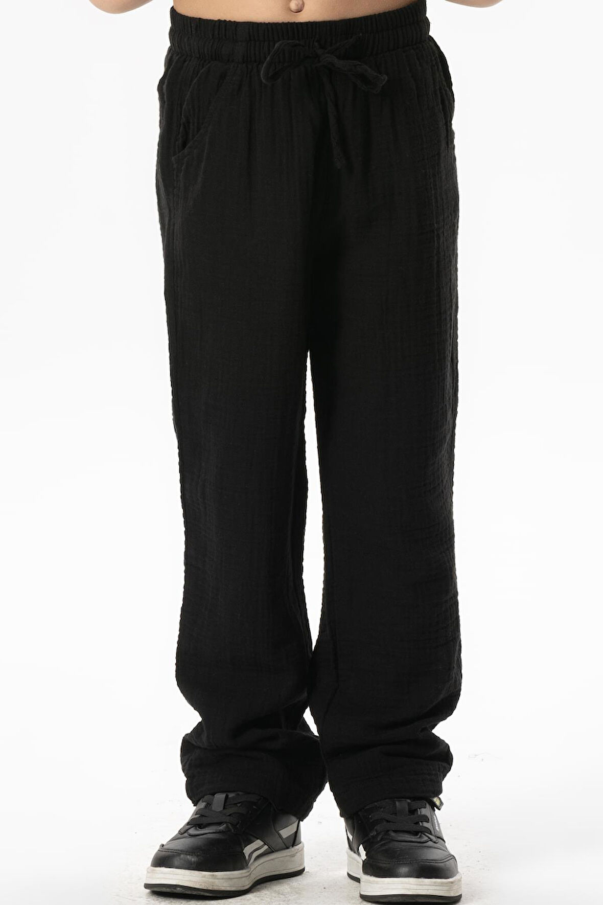 Beli Lastikli Müslin Cepli Yazlık Çocuk Pantolon Siyah Syh