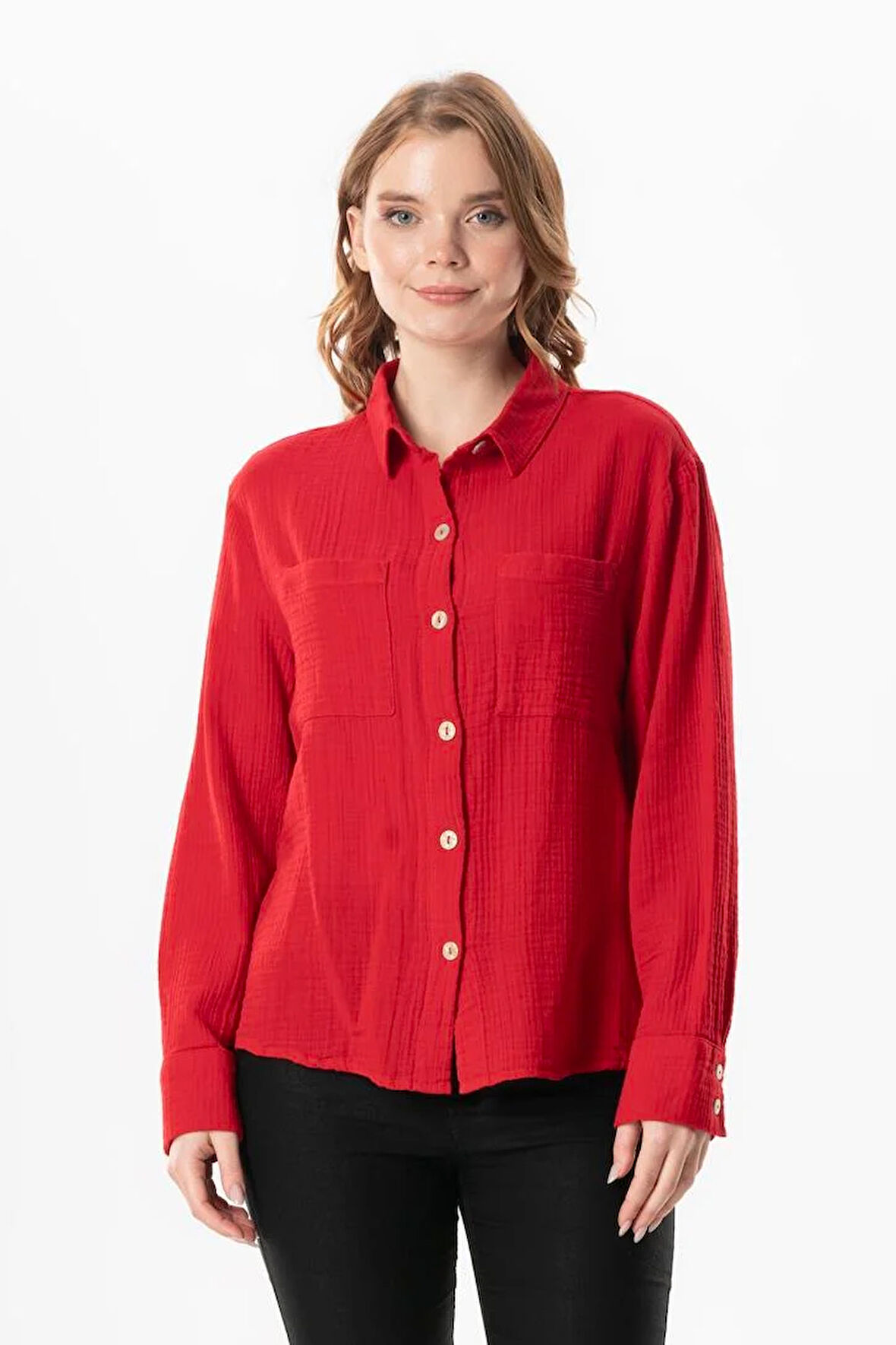 Uzun Kol Burcu Cep Detaylı Müslin Yazlık Gömlek Kırmızı Krmz