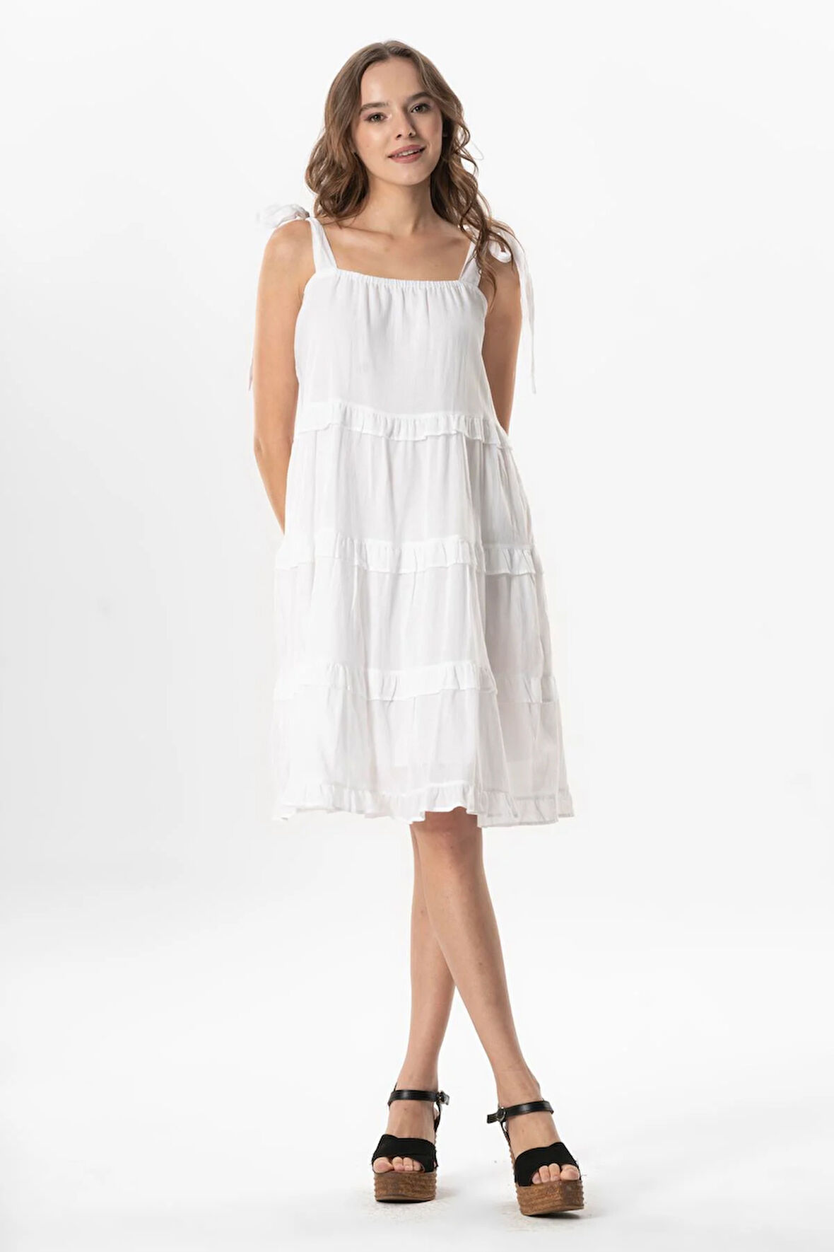 Askılı Vual Dubai Kare Yaka Kısa Yazlık Elbise Beyaz Byz