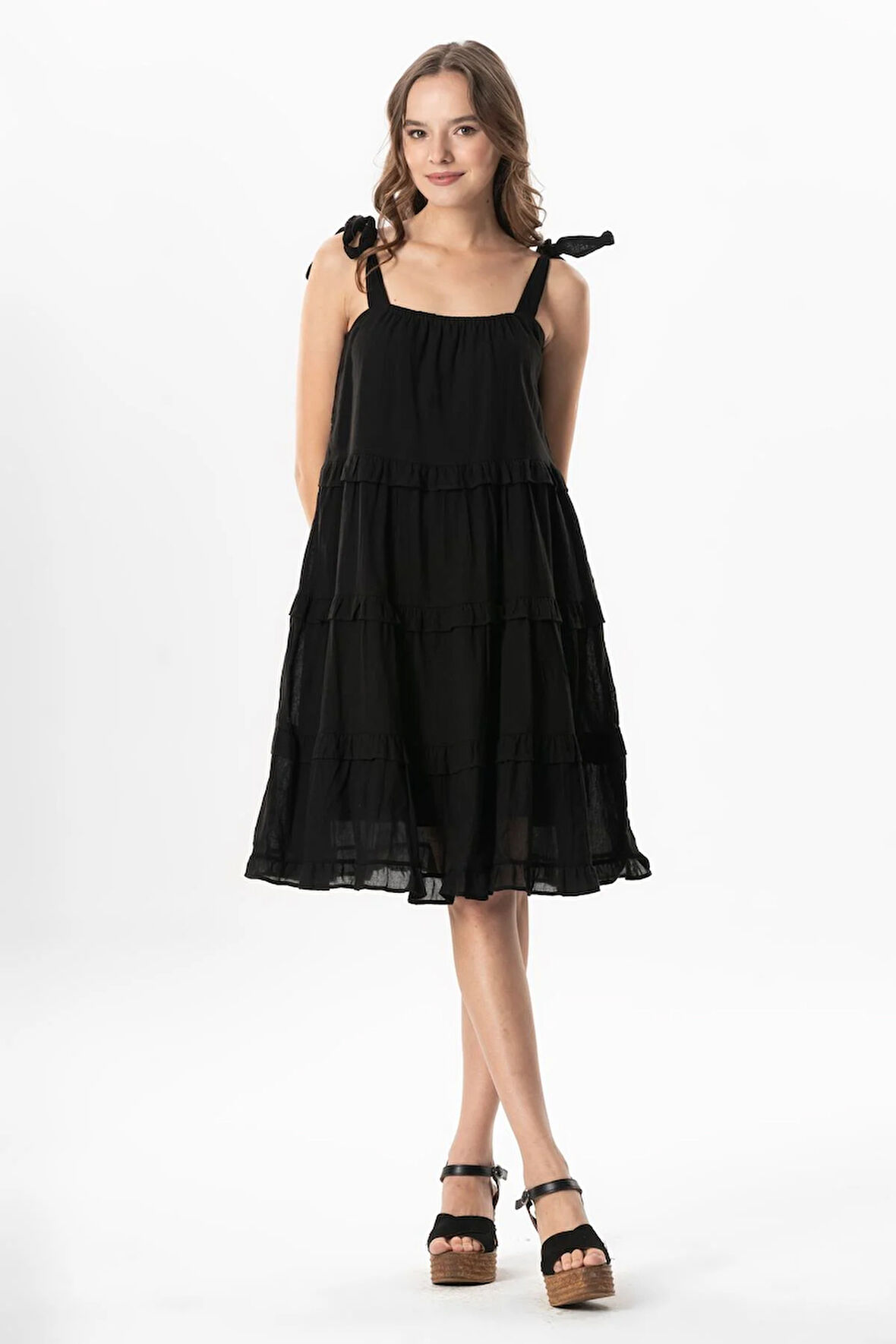 Askılı Vual Dubai Kare Yaka Kısa Yazlık Elbise Siyah Syh