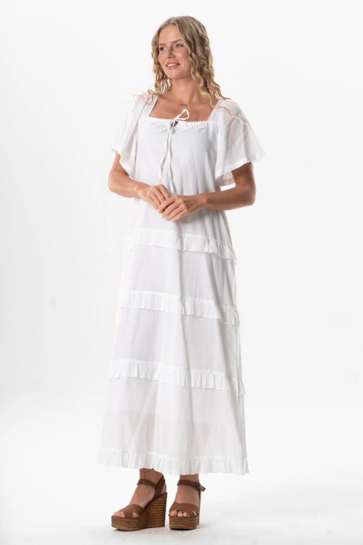 Kısa Kol Vual Leman Kare Yaka Uzun Yazlık Elbise Beyaz Byz