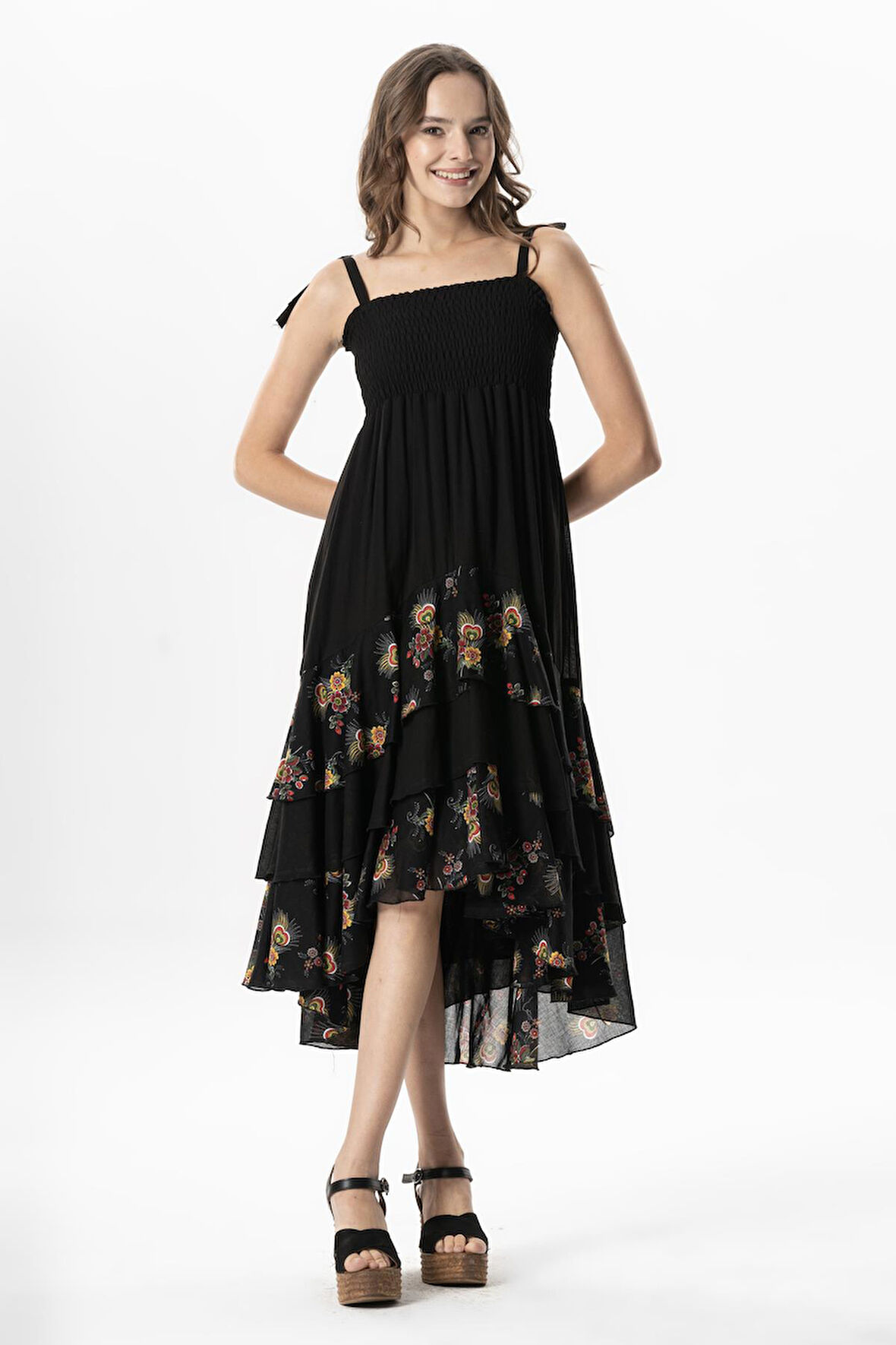 Askılı Vual Gülçimen Kat Kat Asimetrik Kesim Yazlık Midi Boy Elbise Siyah Syh