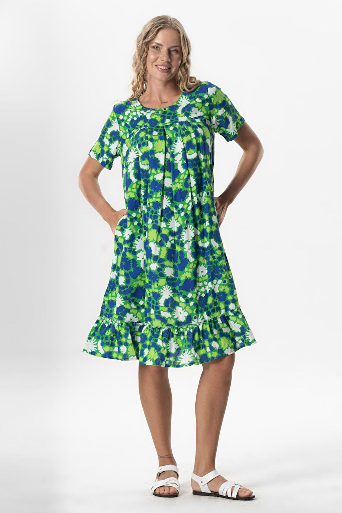 Kısa Kol Melda Viskon Desenli Midi Boy Yazlık Elbise Soyut Çimen Yşl Syt çmn