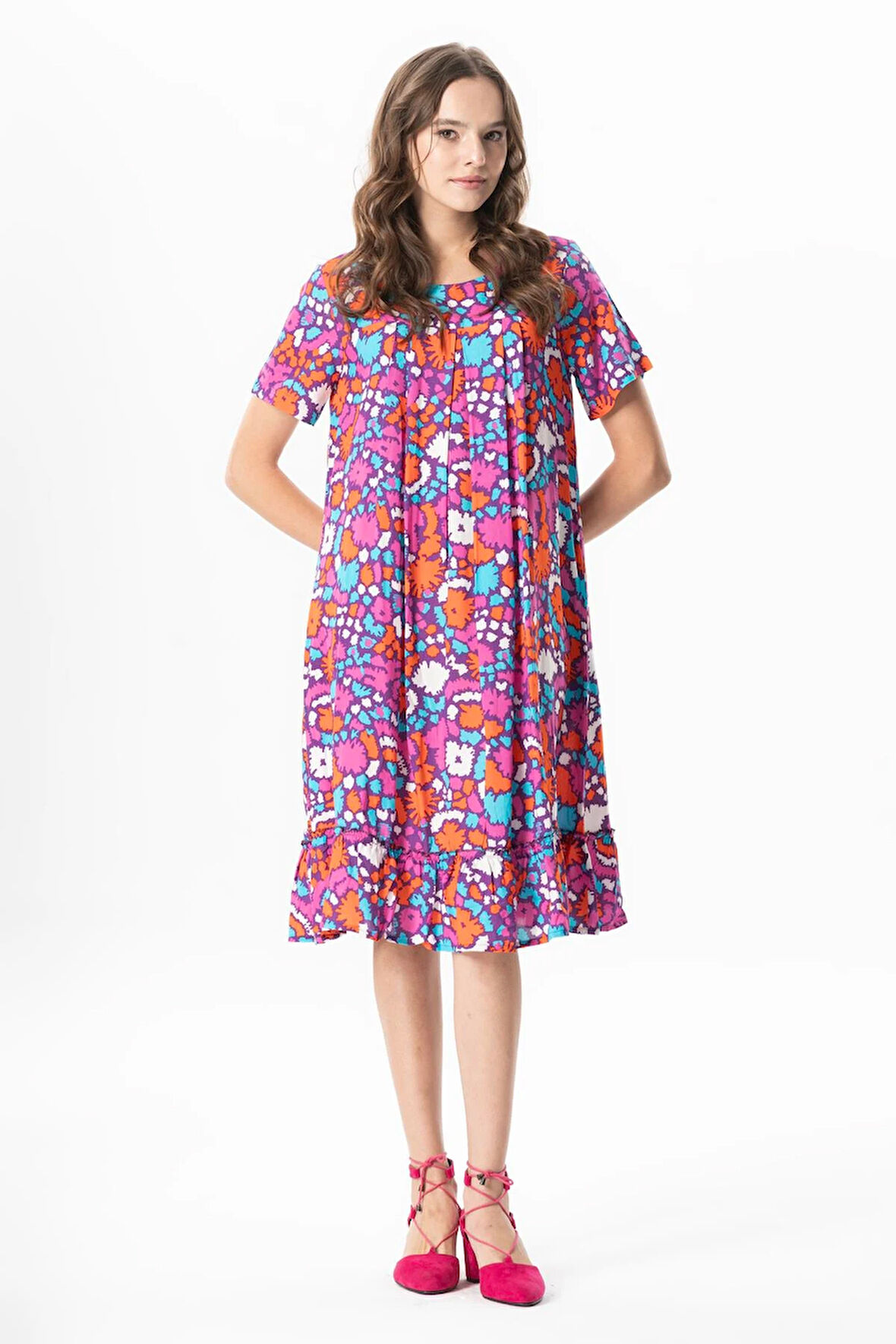 Kısa Kol Melda Viskon Desenli Midi Boy Yazlık Elbise Soyut Mor Syt mor