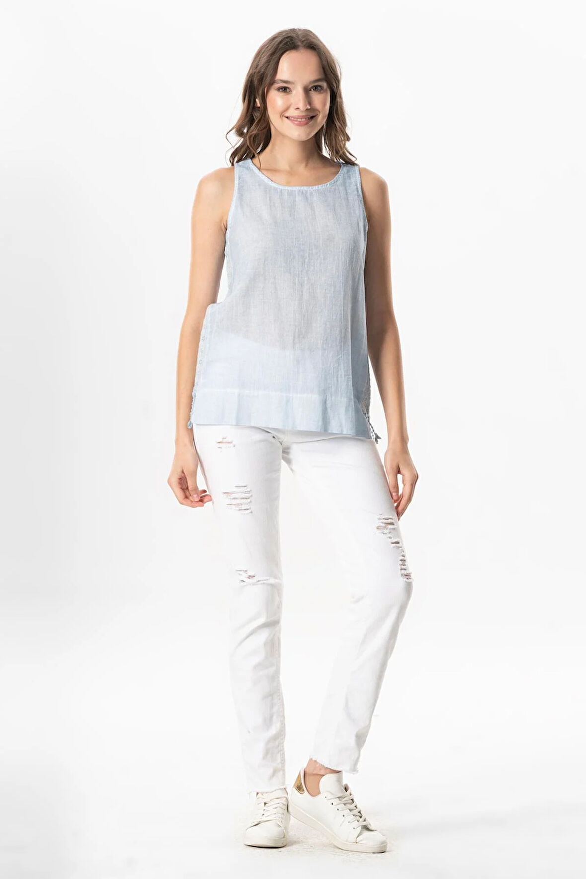 Kolsuz Poplin Zeyno Yazlık Bluz Buz Mavi Bmv