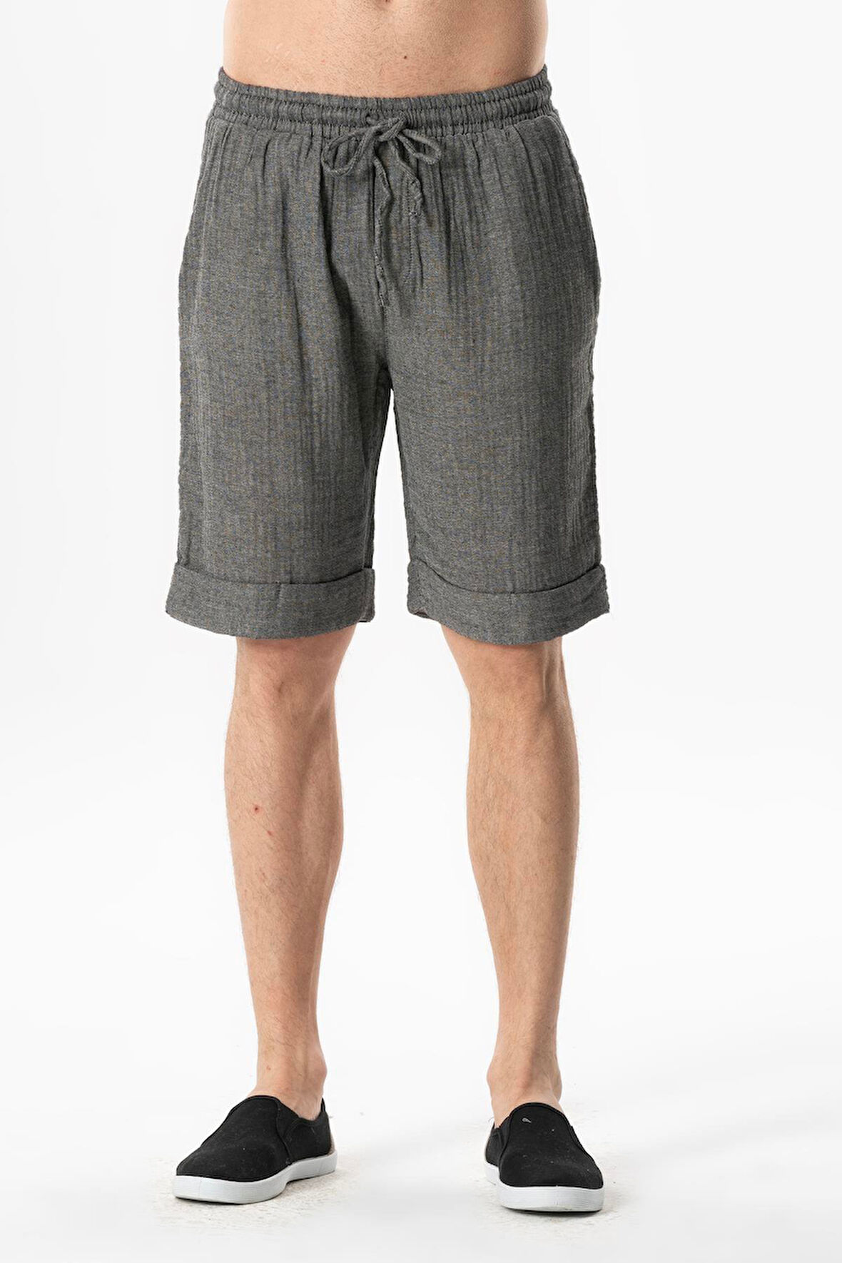 Beli Lastikli Müslin Erkek Yazlık Şort Gri Gri