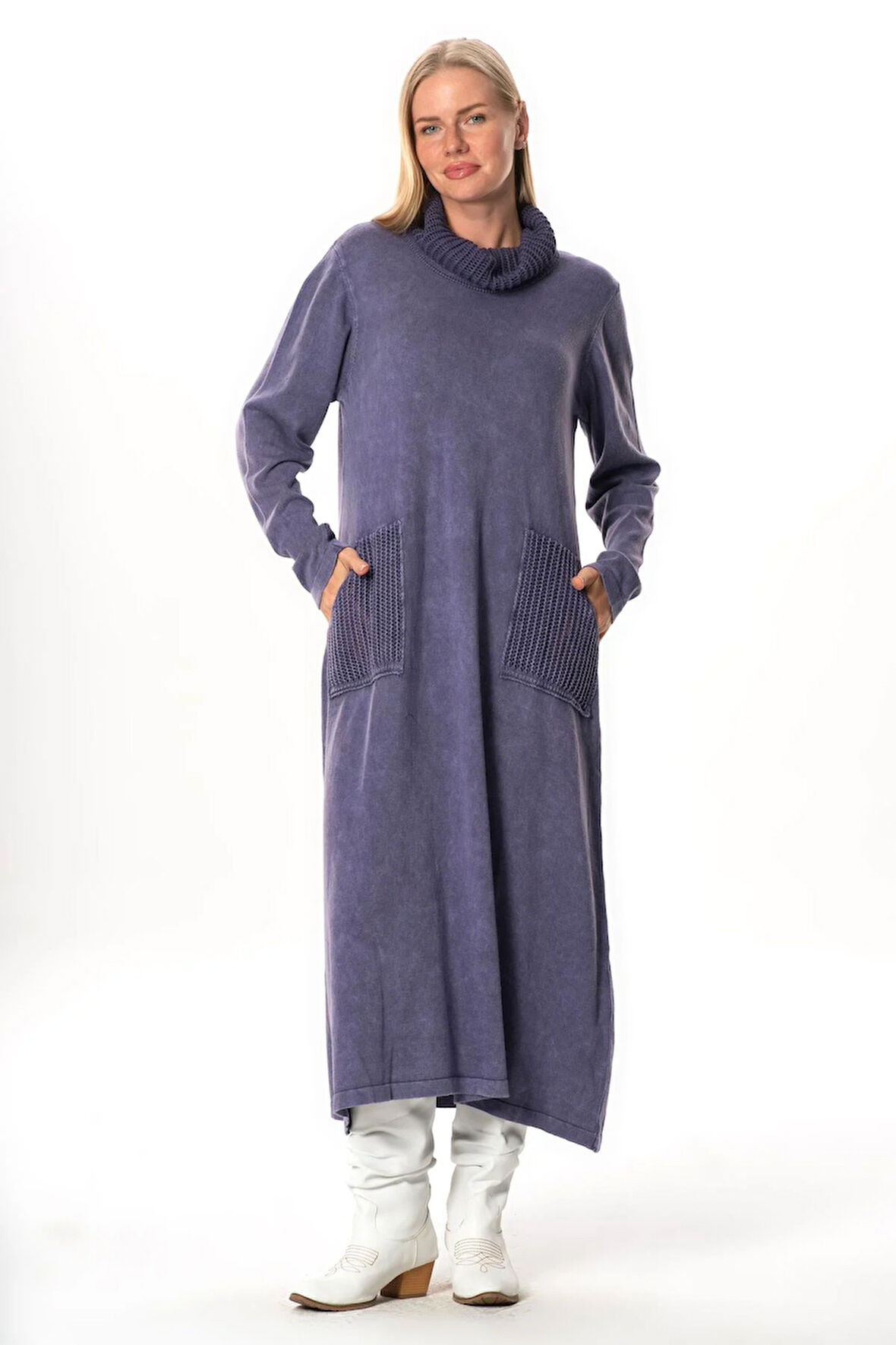 Uzun Kol Sevda Geniş Boğazlı Sonbahar ve Kışlık Cepli Triko Elbise Mor Mor