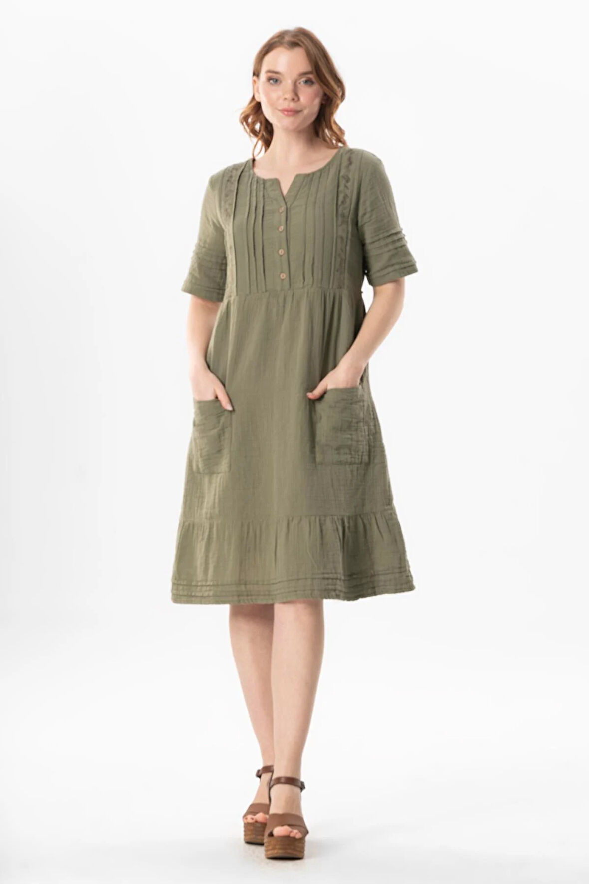 Kısa Kol Kare Yaka Dora Cep Detaylı Midi Boy Müslin Yazlık  Elbise Haki Hk