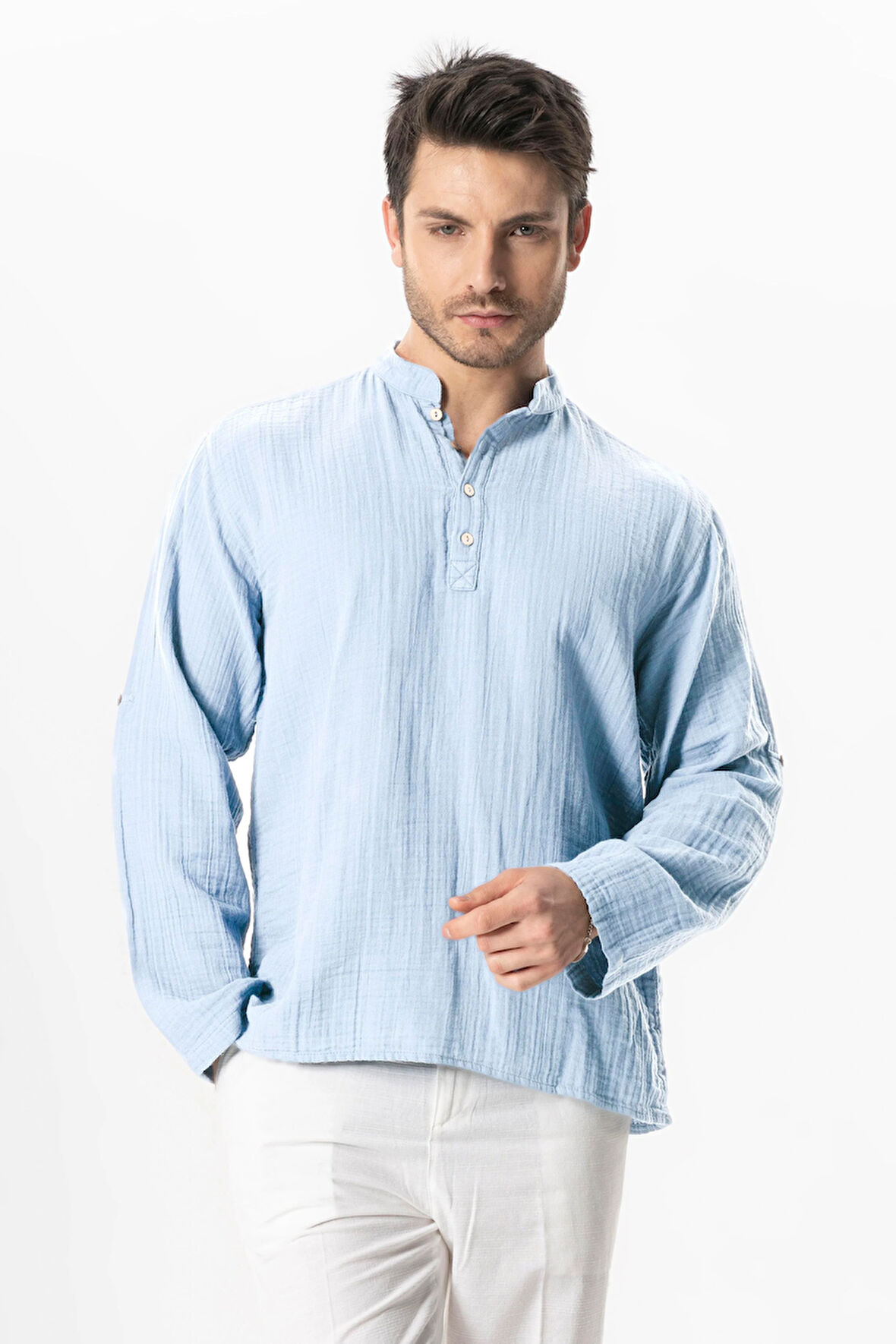 Uzun Kol Hakim Yaka Müslin Yazlık Sweatshirt Buz Mavi Bmv