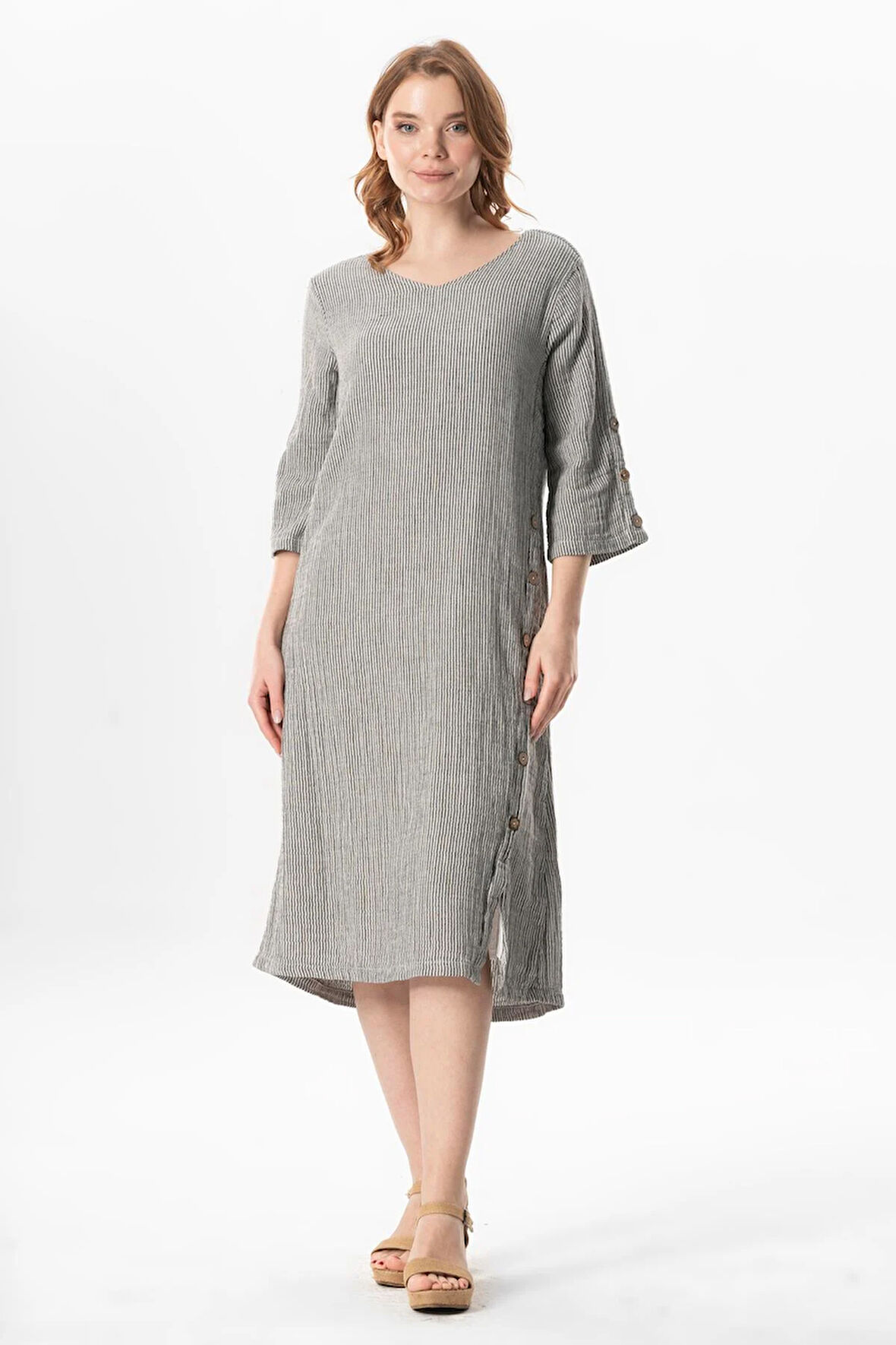 Truvakar Kol Serap Bisiklet Yaka Midi Boy Müslin Yazlık Elbise Siyah/Beyaz Syh/Byz