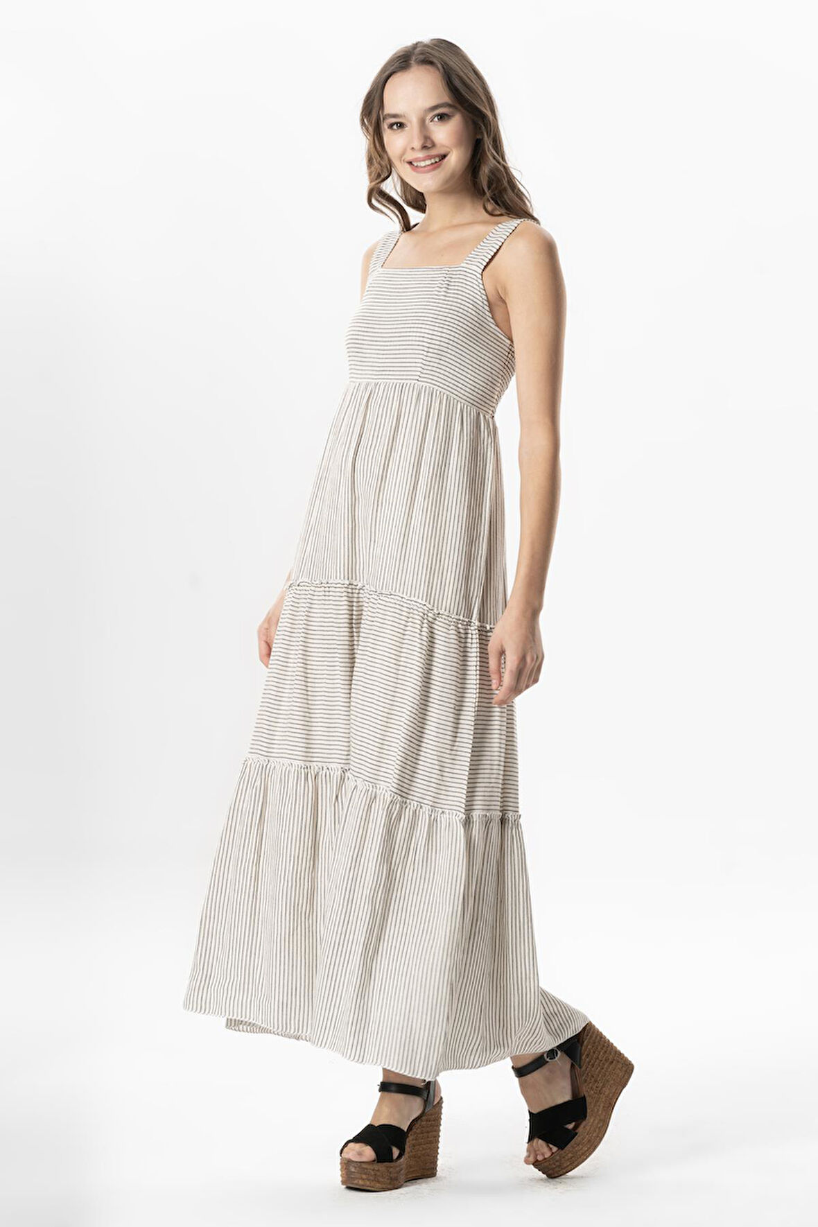 Askılı Şile Bezi Kare Yaka Tılsım Uzun Yazlık Elbise Krem Çizgili Krmsyh