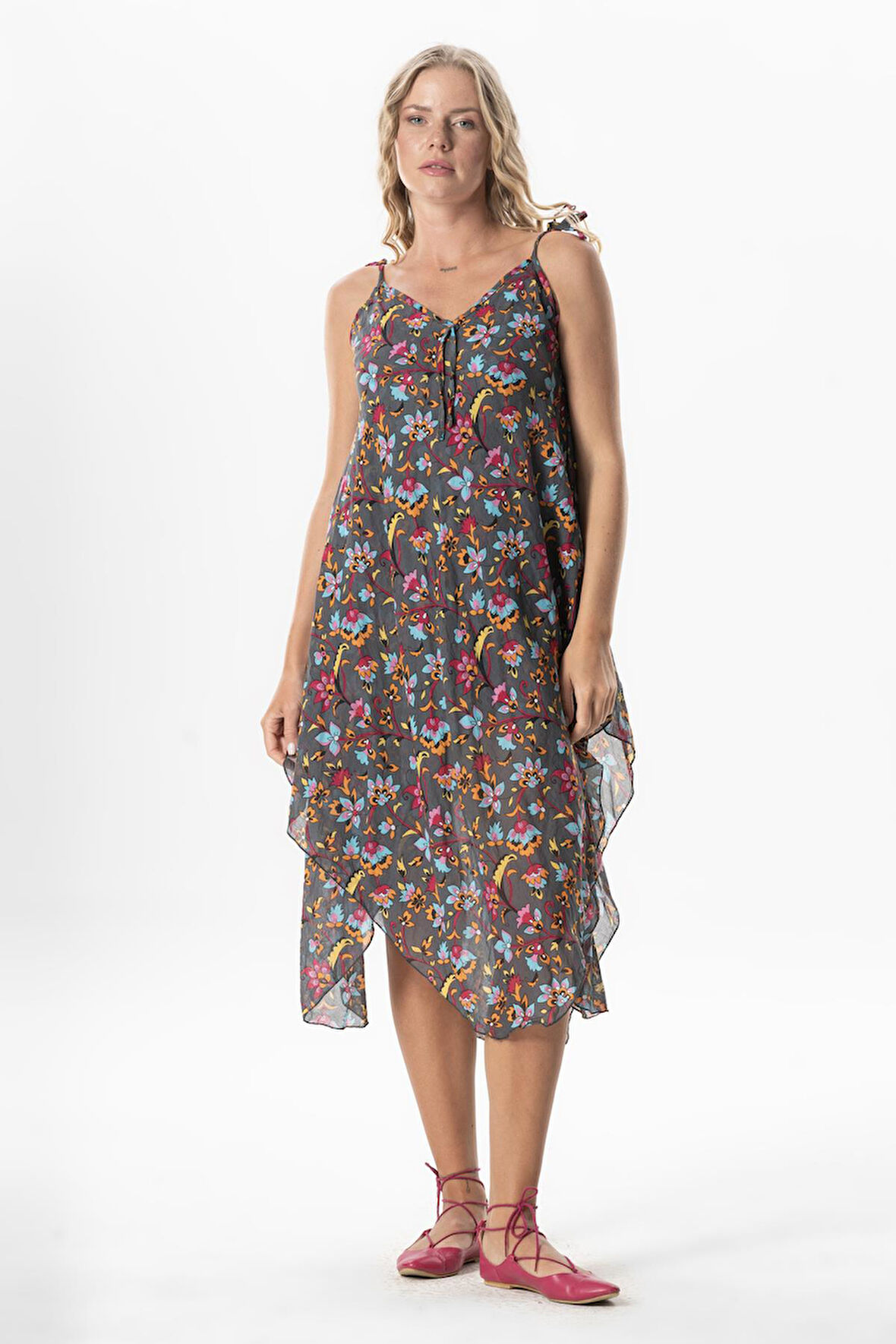 Askılı Vual Afrodit Midi Boy Yazlık Elbise Sarmaşık Gri 6223