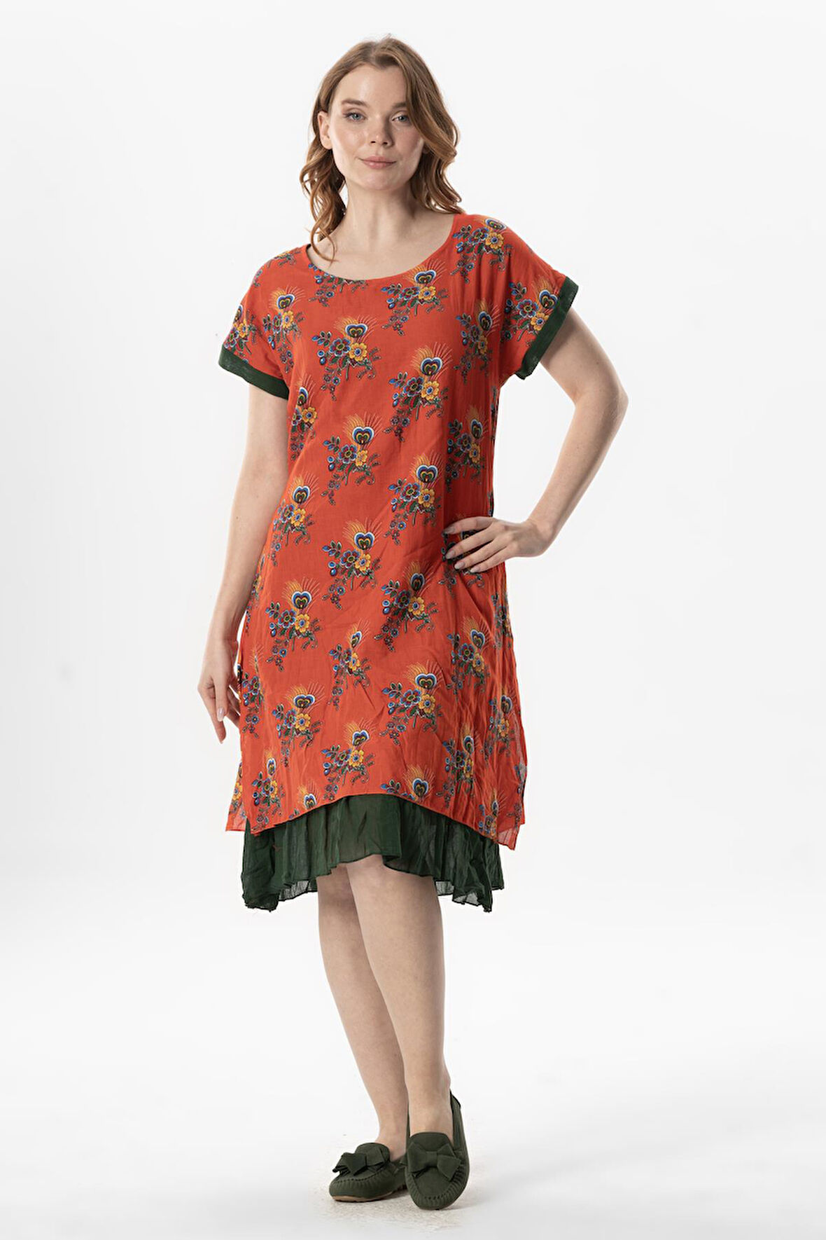 Kısa Kol Vual Defne Midi Boy Yazlık Otantik Elbise Mimoza Turuncu 6231