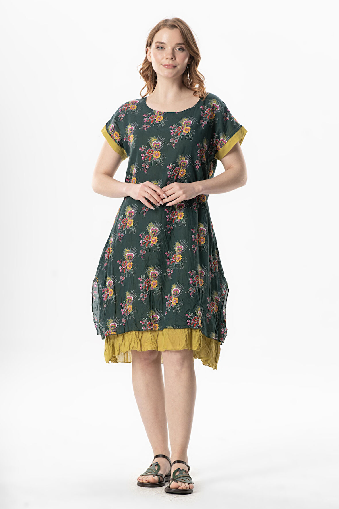 Kısa Kol Vual Defne Midi Boy Yazlık Otantik Elbise Mimoza Yeşil 6232