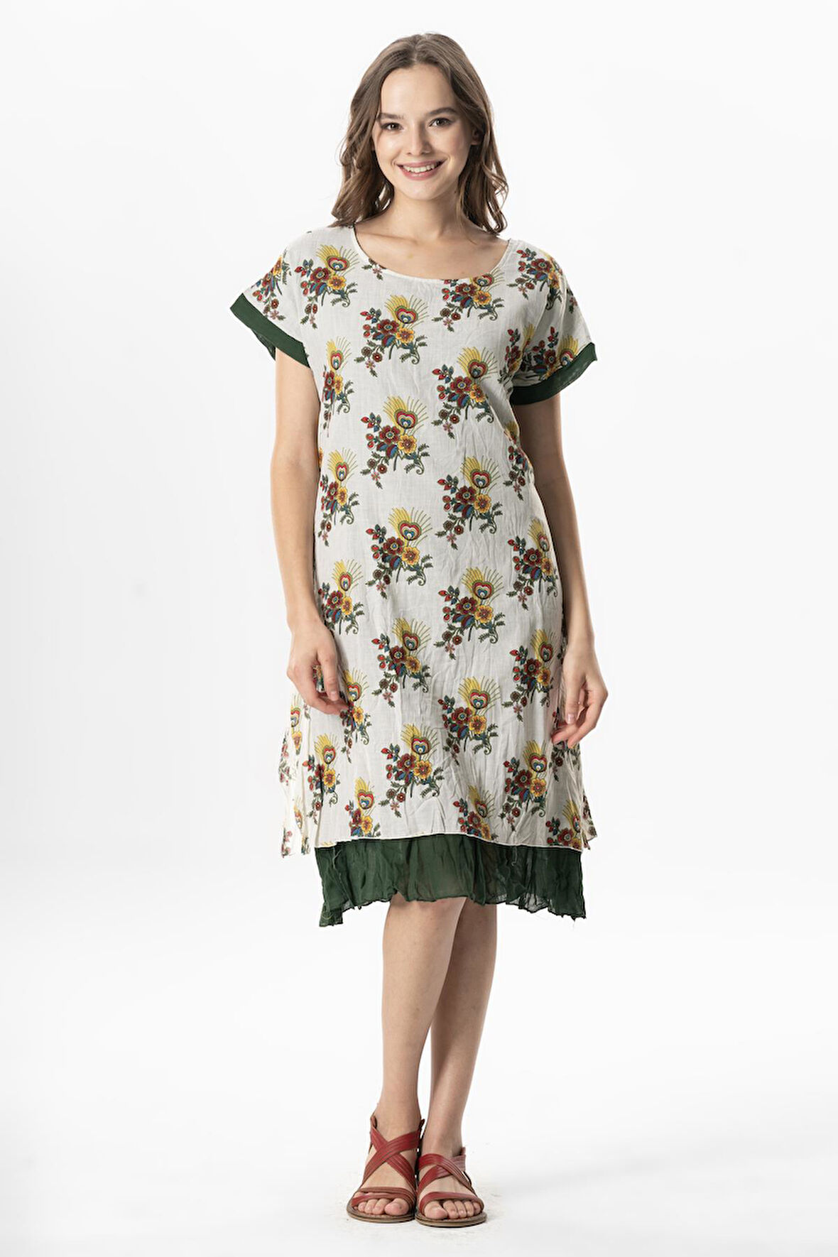 Kısa Kol Vual Defne Midi Boy Yazlık Otantik Elbise Mimoza Krem 6233