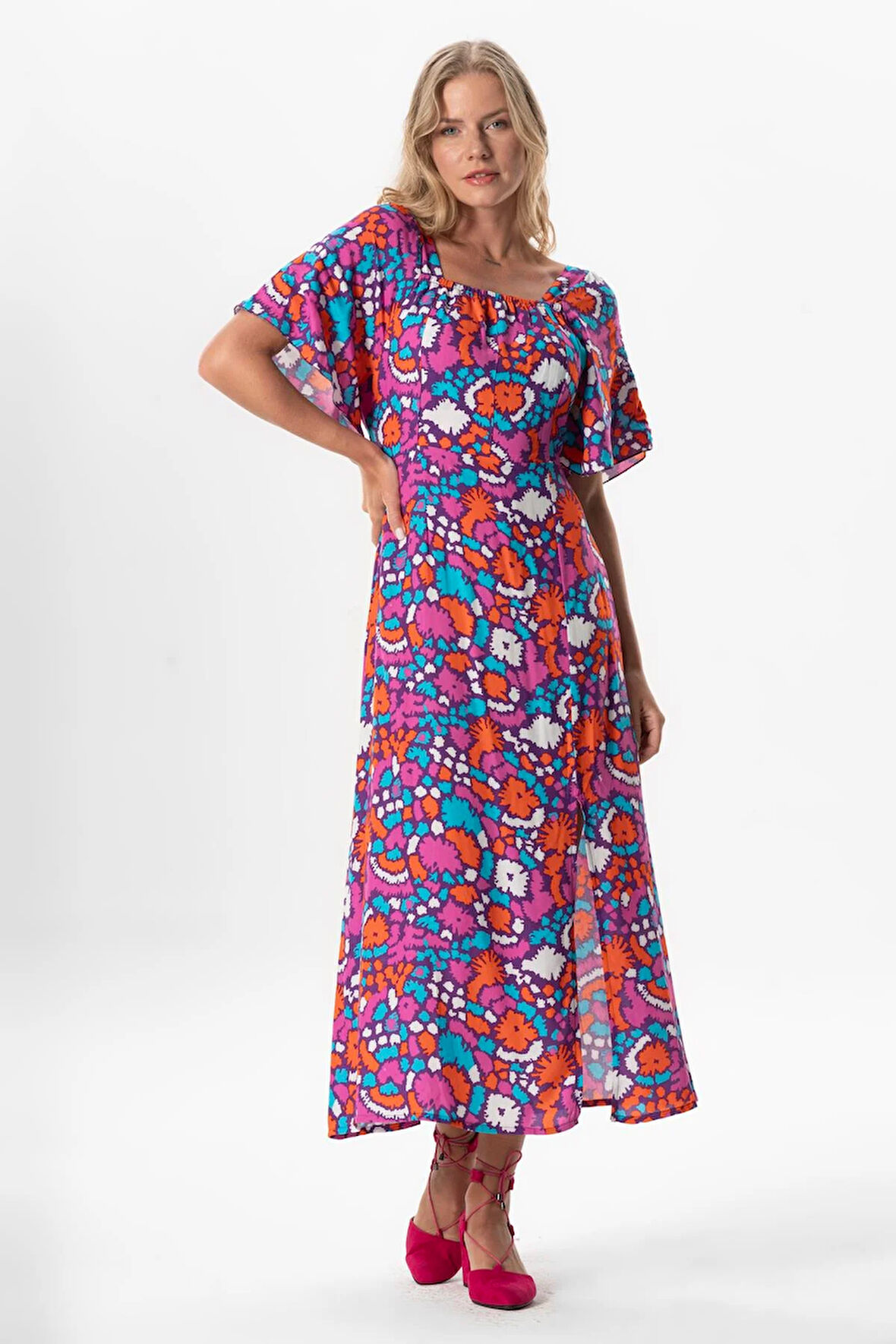 Kısa Kol Viskon Almeda Kare Yaka Yırtmaçlı Uzun Elbise Soyut Mor Syt mor