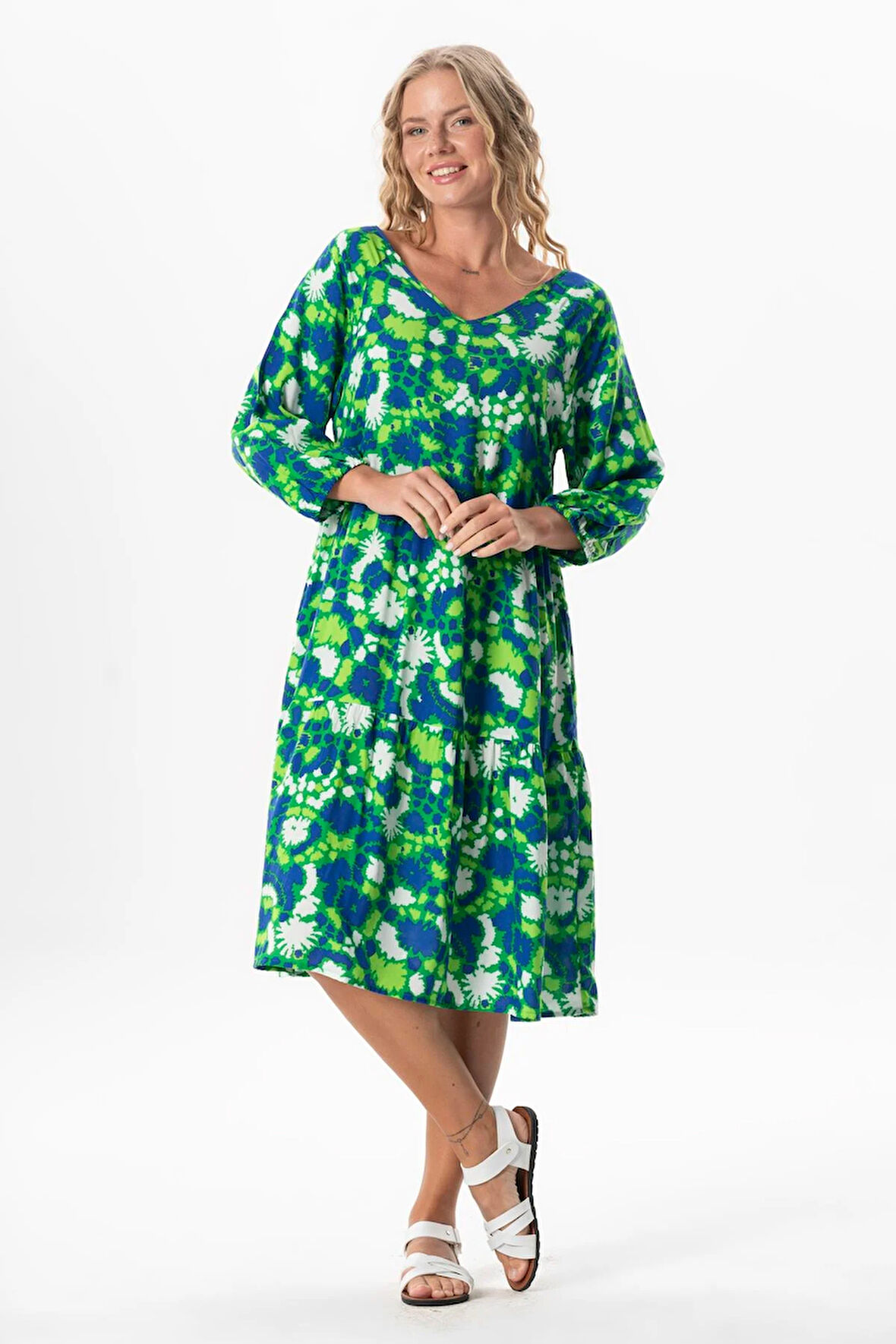 Yarım Kol Viskon Esin V Yaka Midi Boy Yazlık Elbise Soyut Çimen Yşl Syt çmn