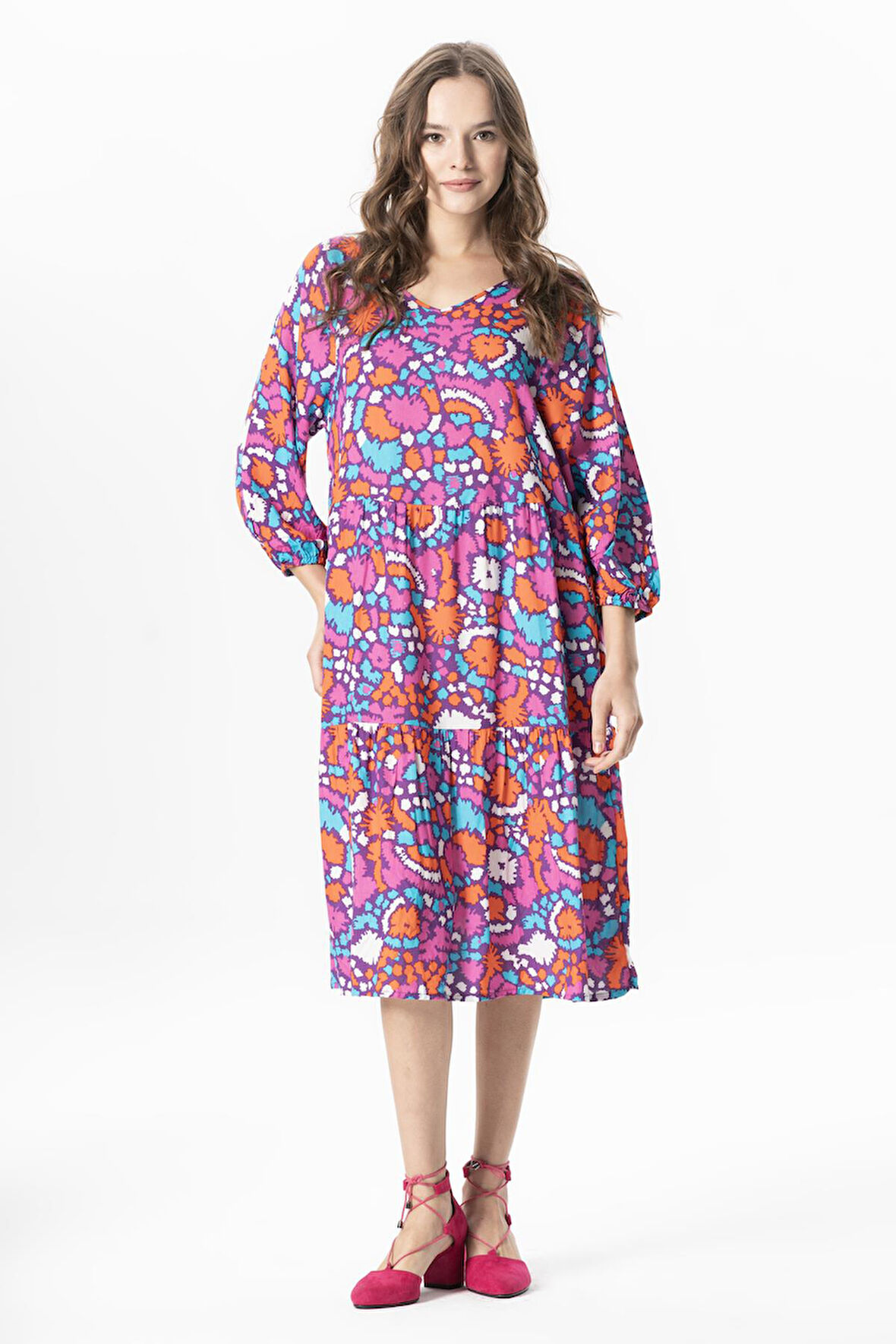 Yarım Kol Viskon Esin V Yaka Midi Boy Yazlık Elbise Soyut Mor Syt mor