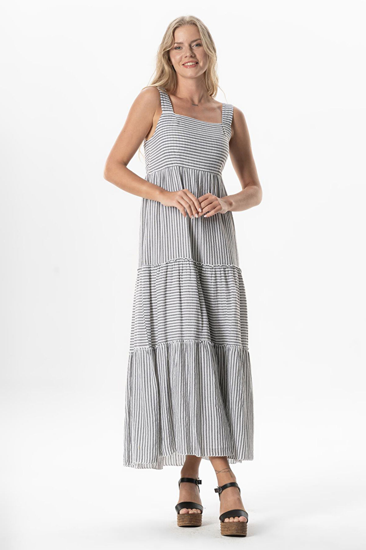 Askılı Şile Bezi Kare Yaka Tılsım Uzun Yazlık Elbise Siyah Çizgili Syhbyz