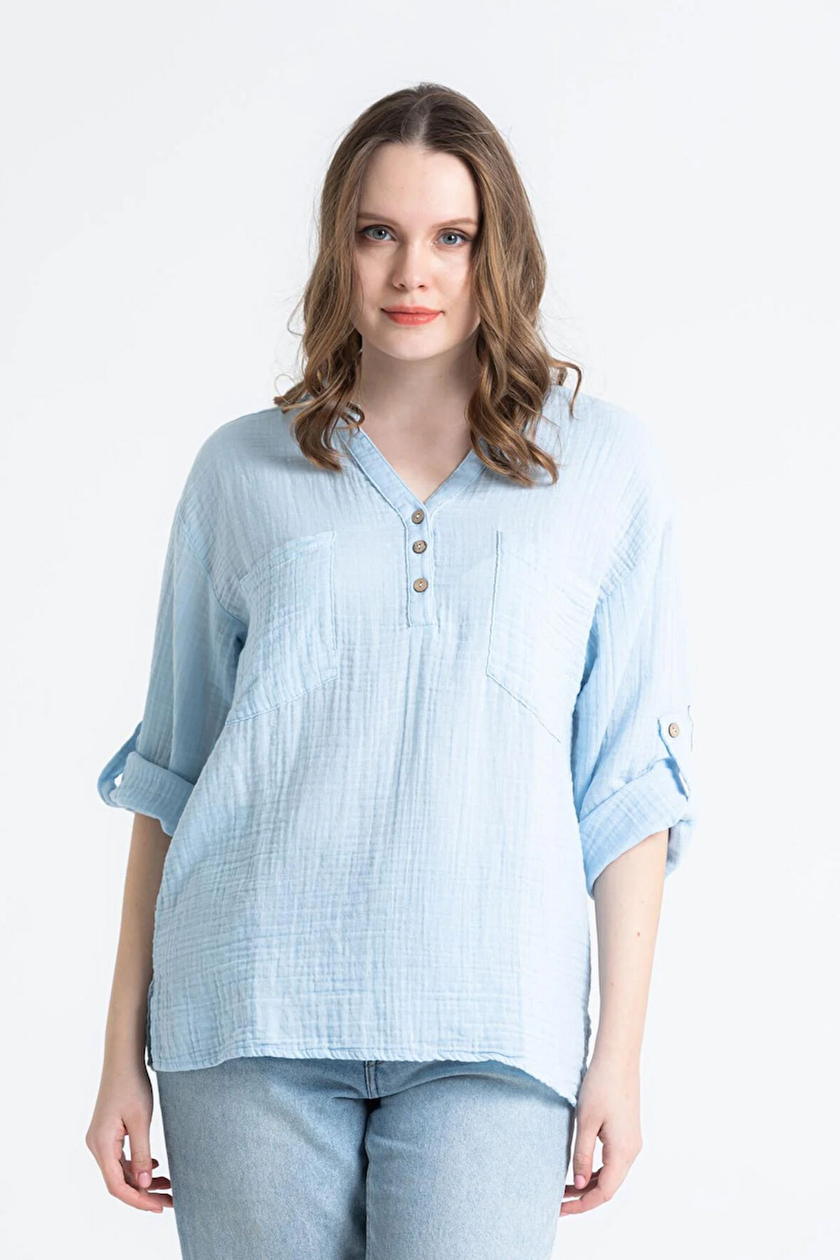 Uzun Kol Asu Yazlık Müslin Bluz Buz Mavi Bmv