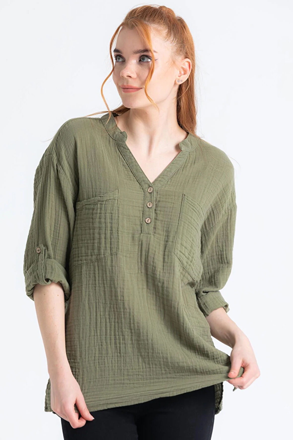 Uzun Kol Asu Yazlık Müslin Bluz Haki Hk