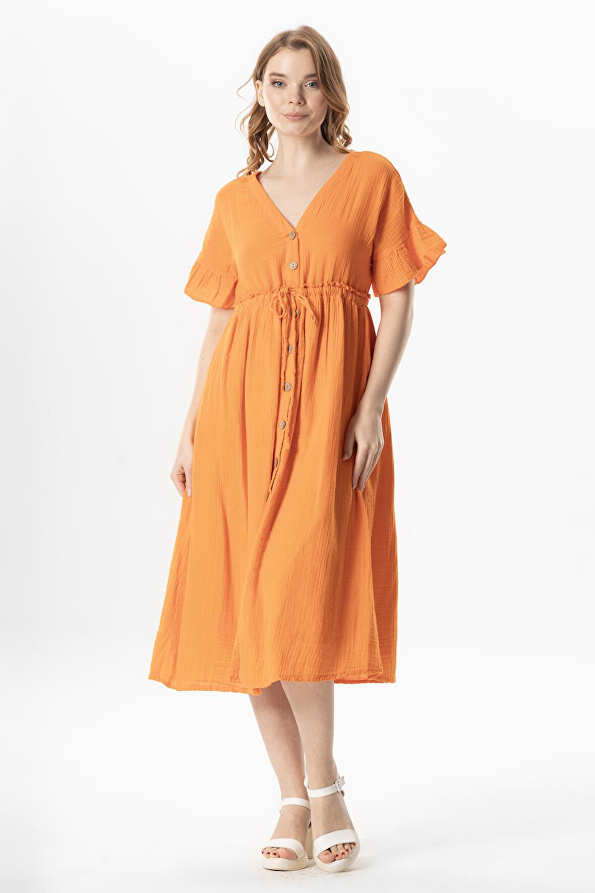 Kısa Kol Büzgülü Afra Midi Boy Yazlık Müslin Elbise Turuncu Trnc