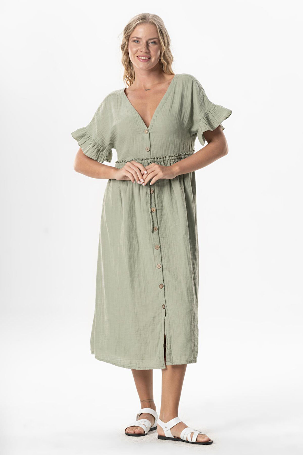 Kısa Kol Büzgülü Afra Midi Boy Yazlık Müslin Elbise Zeytin Yeşili Zytnysl