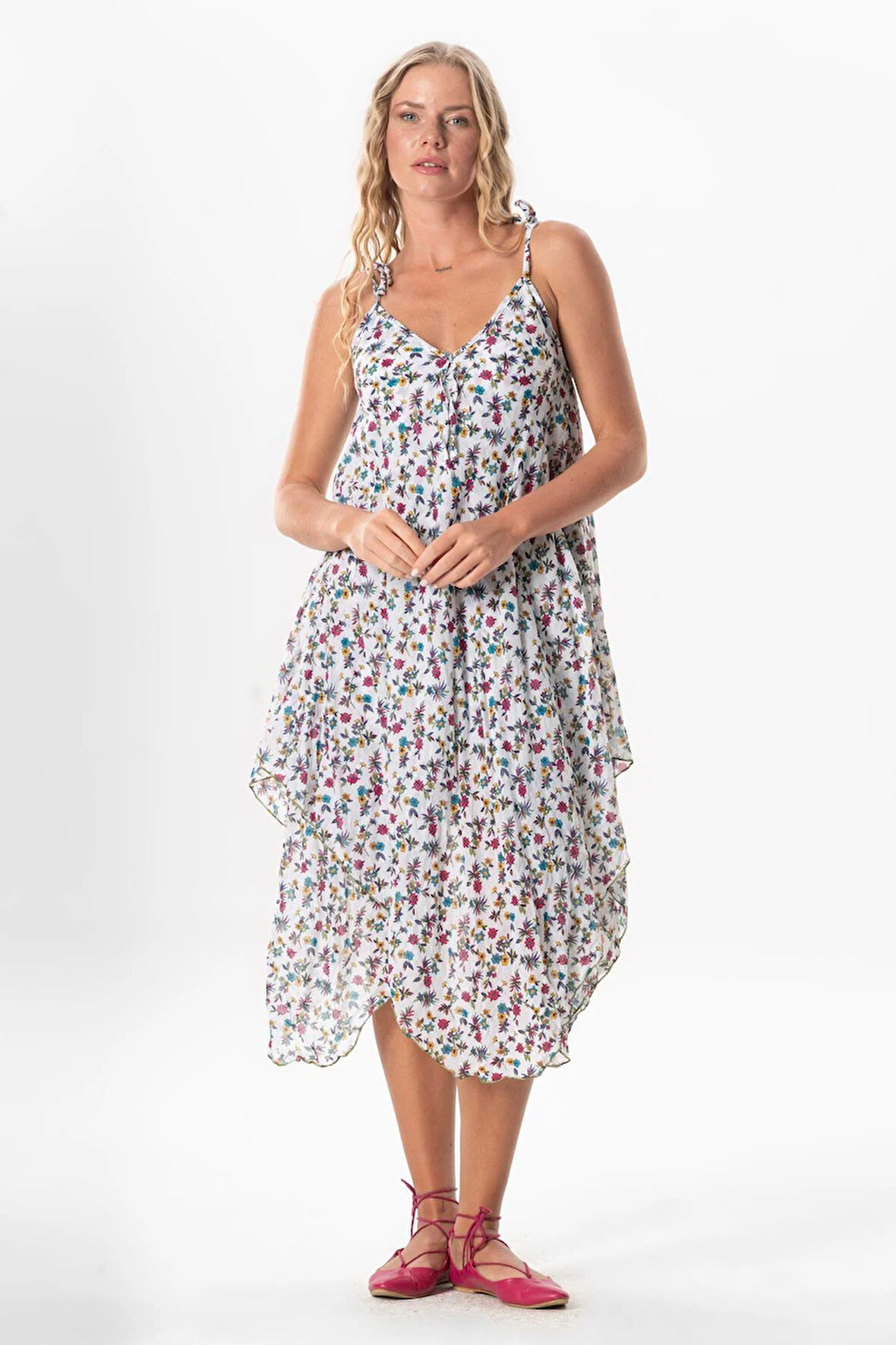 Askılı Vual Afrodit Midi Boy Yazlık Elbise Menekşe Beyaz 6242