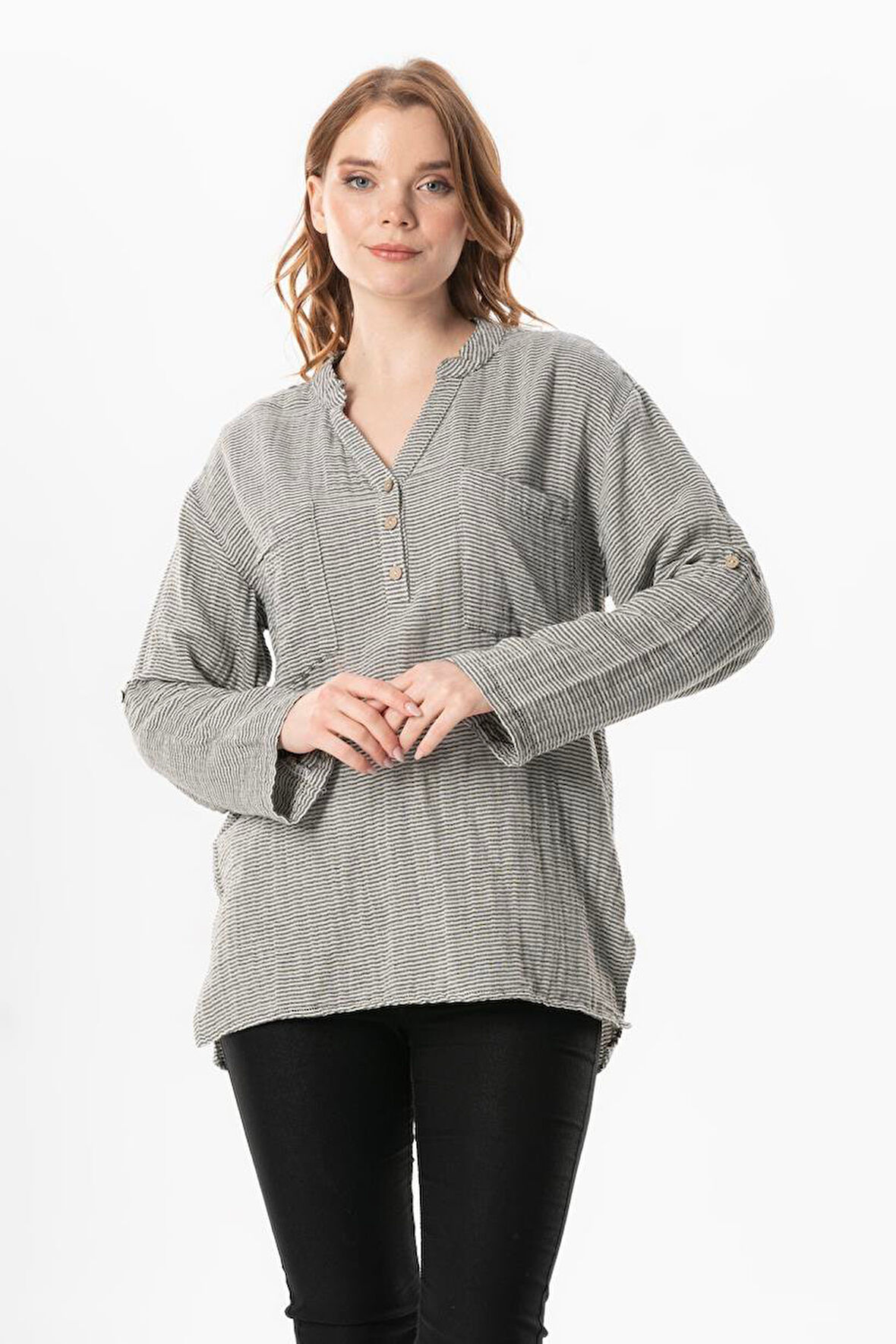 Uzun Kol Asu Yazlık Müslin Bluz Çizgili Çzgl