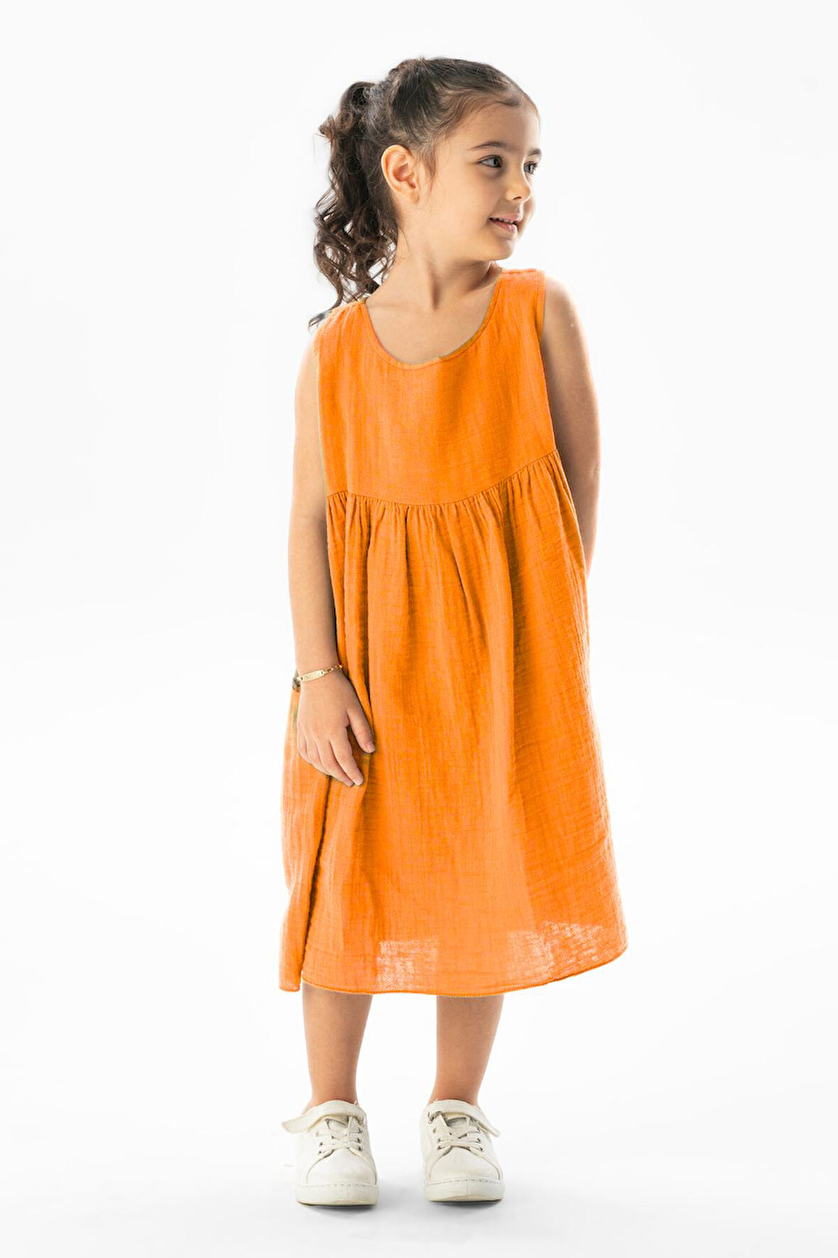 Kolsuz Bilge Yazlık Müslin Çocuk Elbise Turuncu Trnc