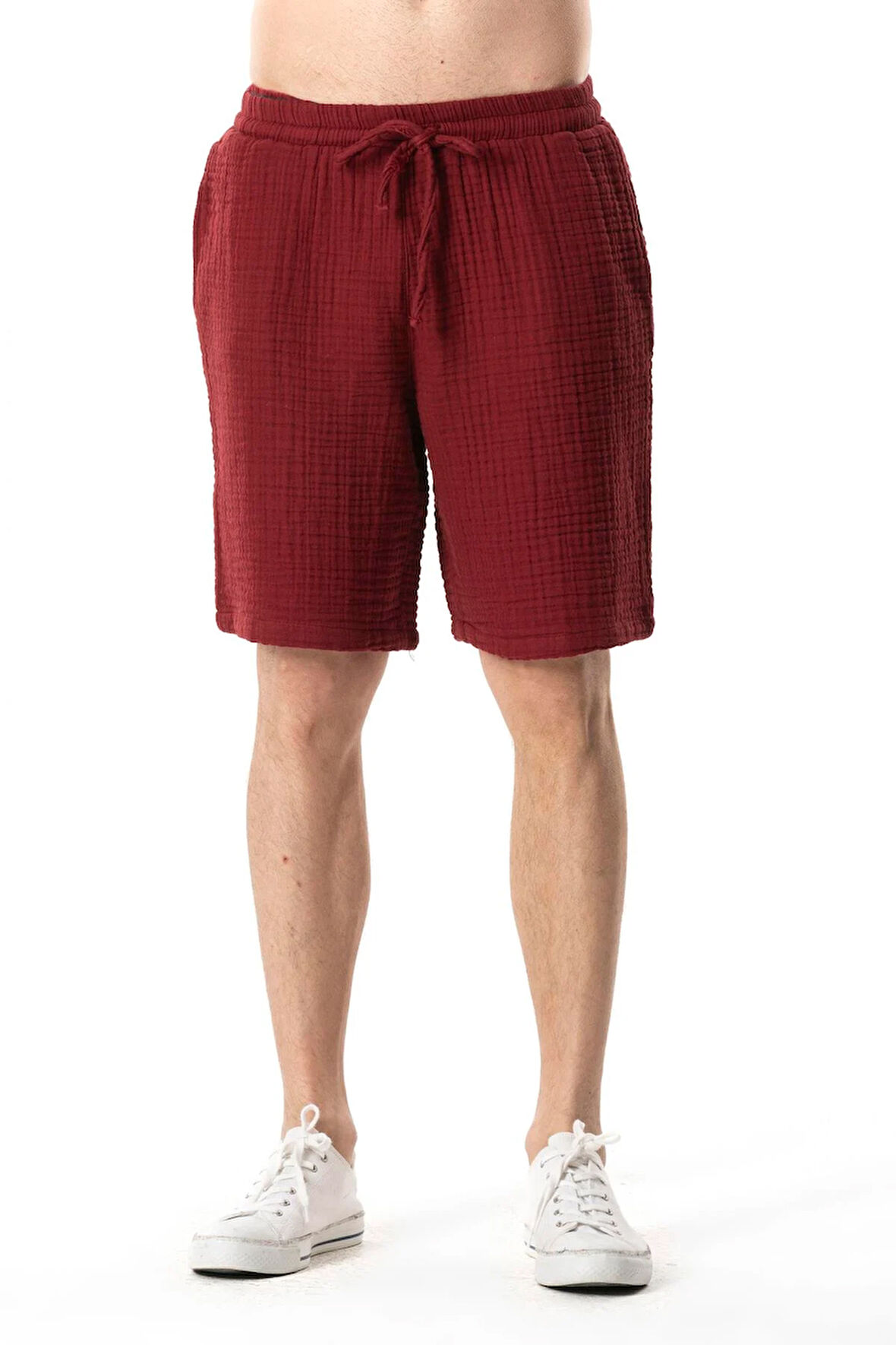 Beli Lastikli Multi Diz Üstü Müslin Erkek Yazlık Şort Bordo Brd