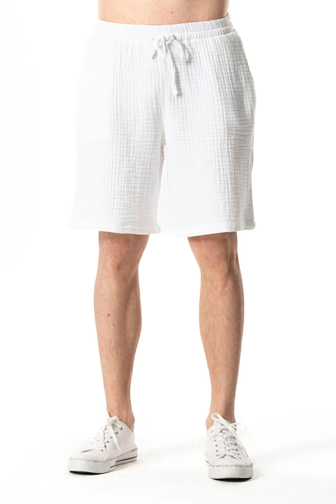Beli Lastikli Multi Diz Üstü Müslin Erkek Yazlık Şort Beyaz Byz