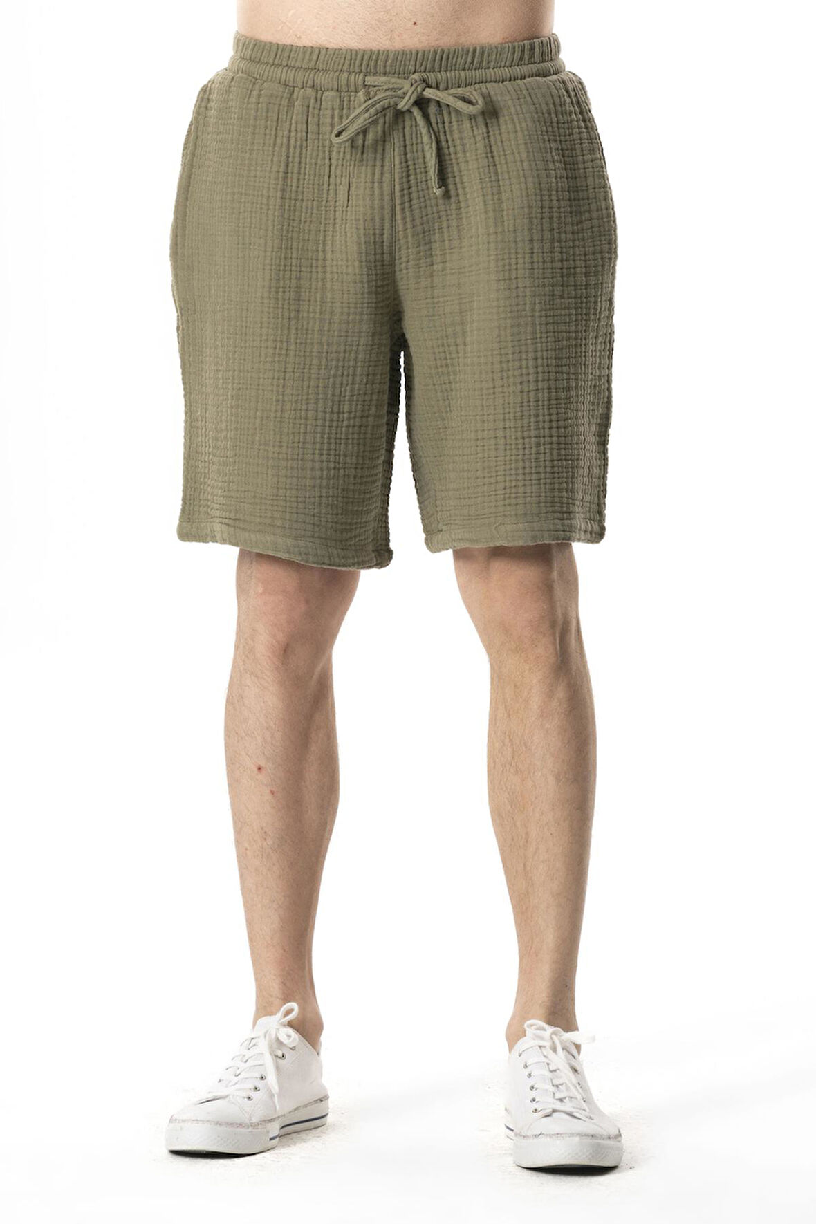 Beli Lastikli Multi Diz Üstü Müslin Erkek Yazlık Şort Haki Hk