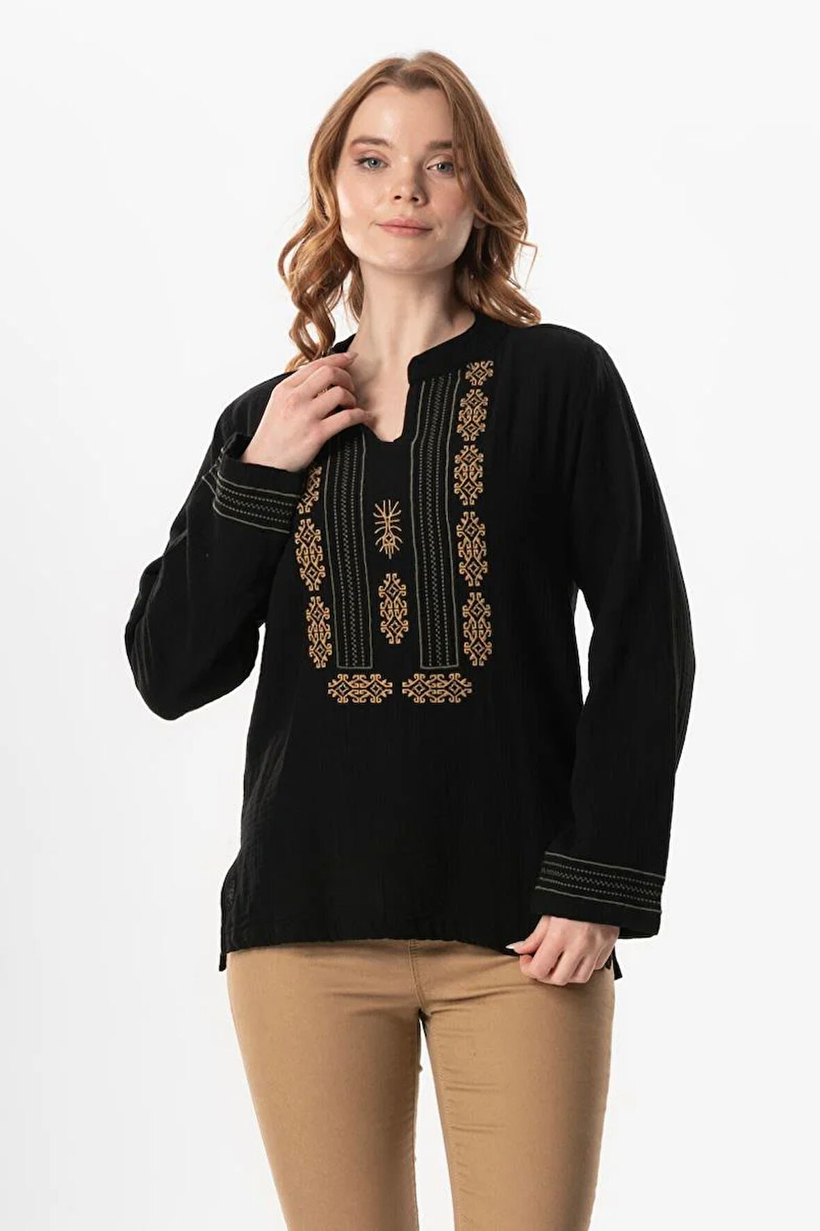 Uzun Kol İbiza Nakışlı Kadın Müslin Yazlık Tshirt Siyah Syh