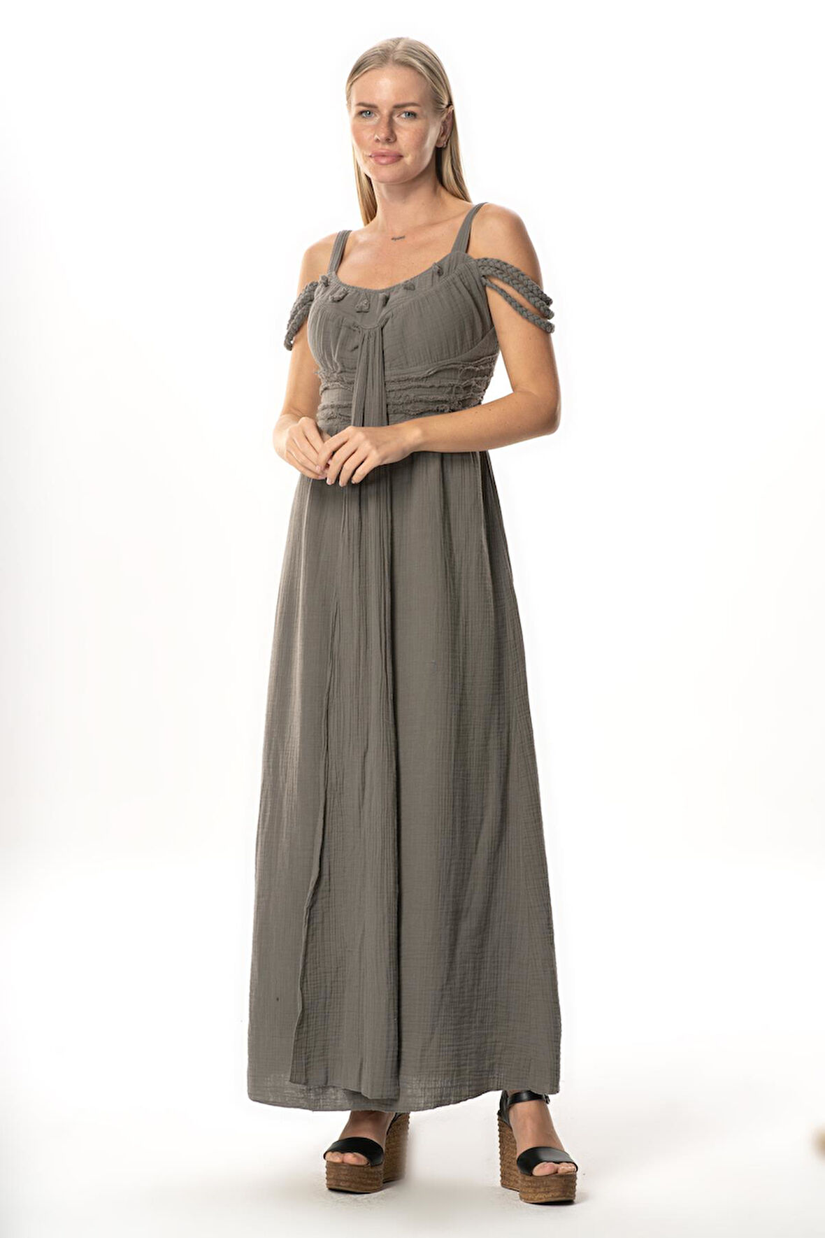 Askılı Kleopatra Kol Detaylı Uzun Müslin Yazlık Elbise Gri Gri