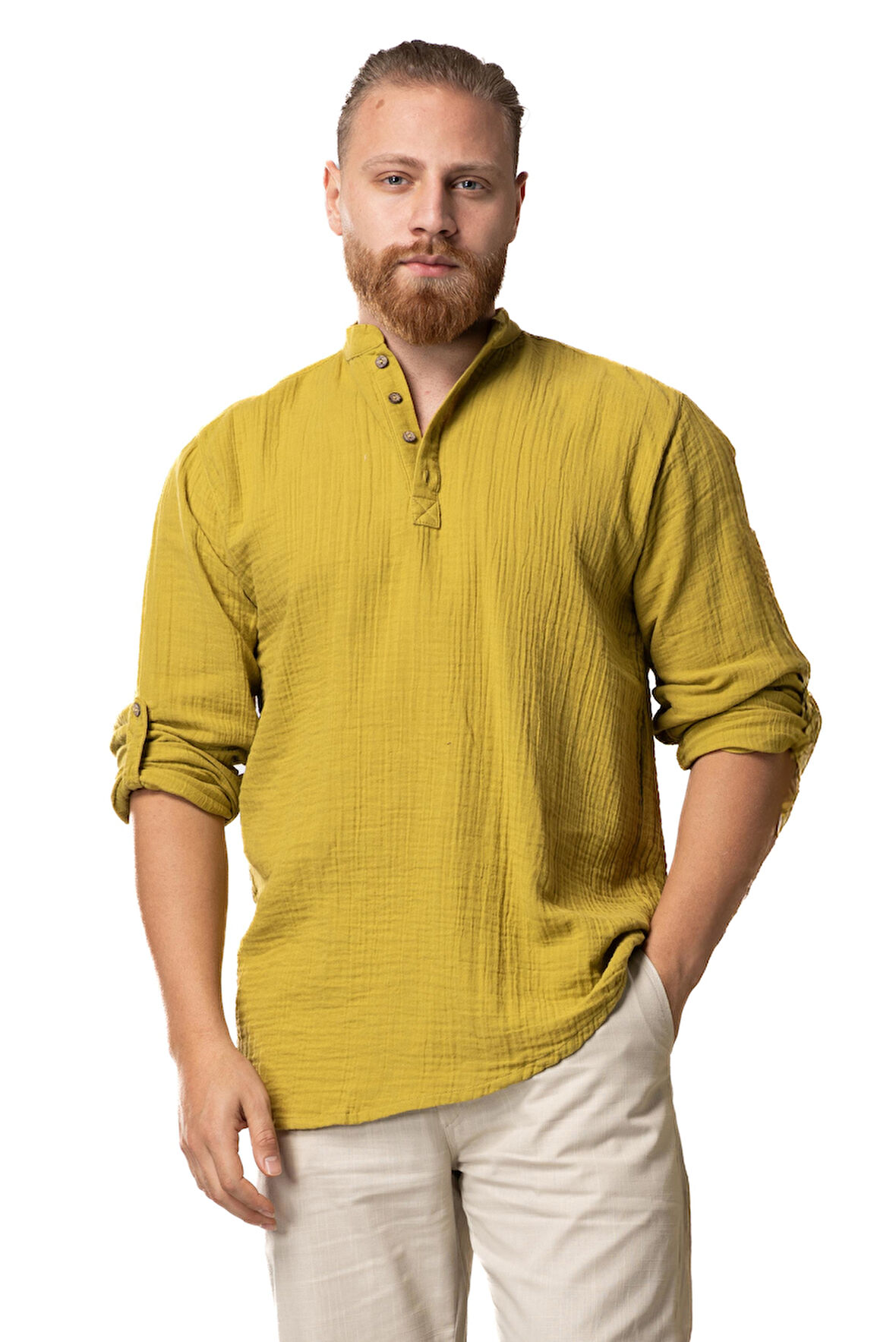 Uzun Kol Hakim Yaka Müslin Yazlık Sweatshirt Yağ Yeşili Ygysl