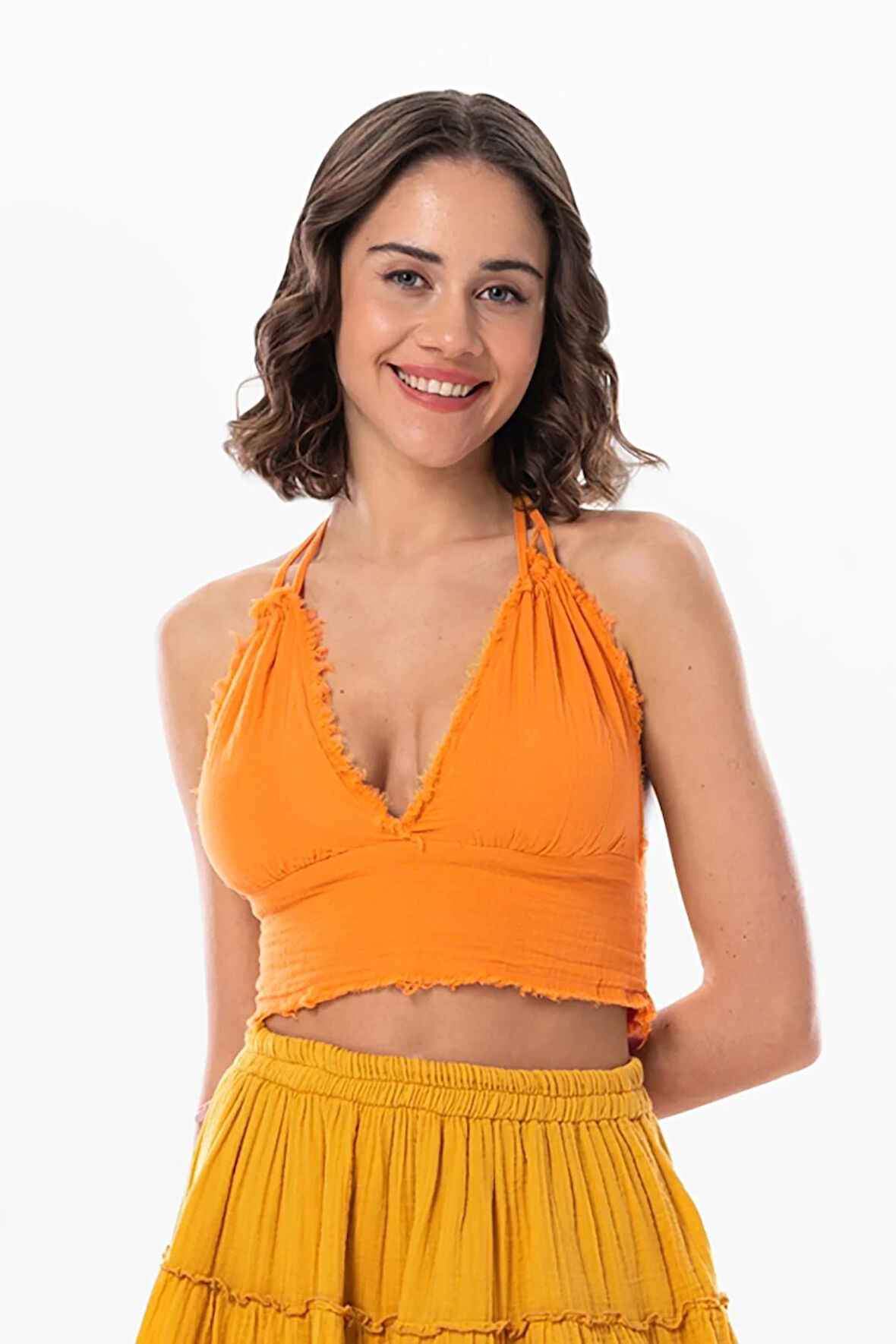 Göcek Bağlama Detaylı Yazlık Müslin Büstiyer Turuncu Trnc