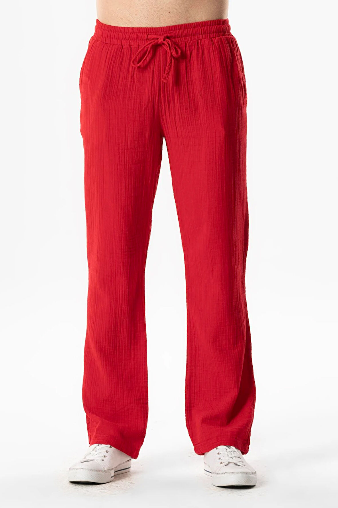 Müslin Beli Lastikli Çift Cepli Erkek Yazlık Pantolon Kırmızı Krmz