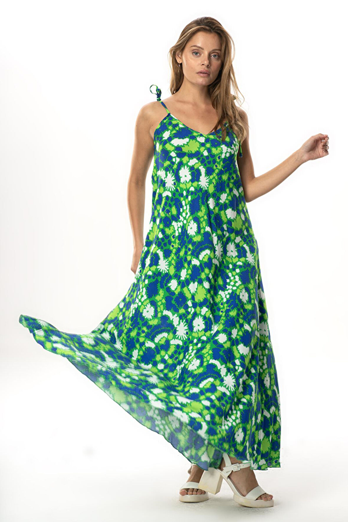 Askılı Viskon Suzan Uzun Yazlık Elbise Soyut Çimen Yşl Syt çmn