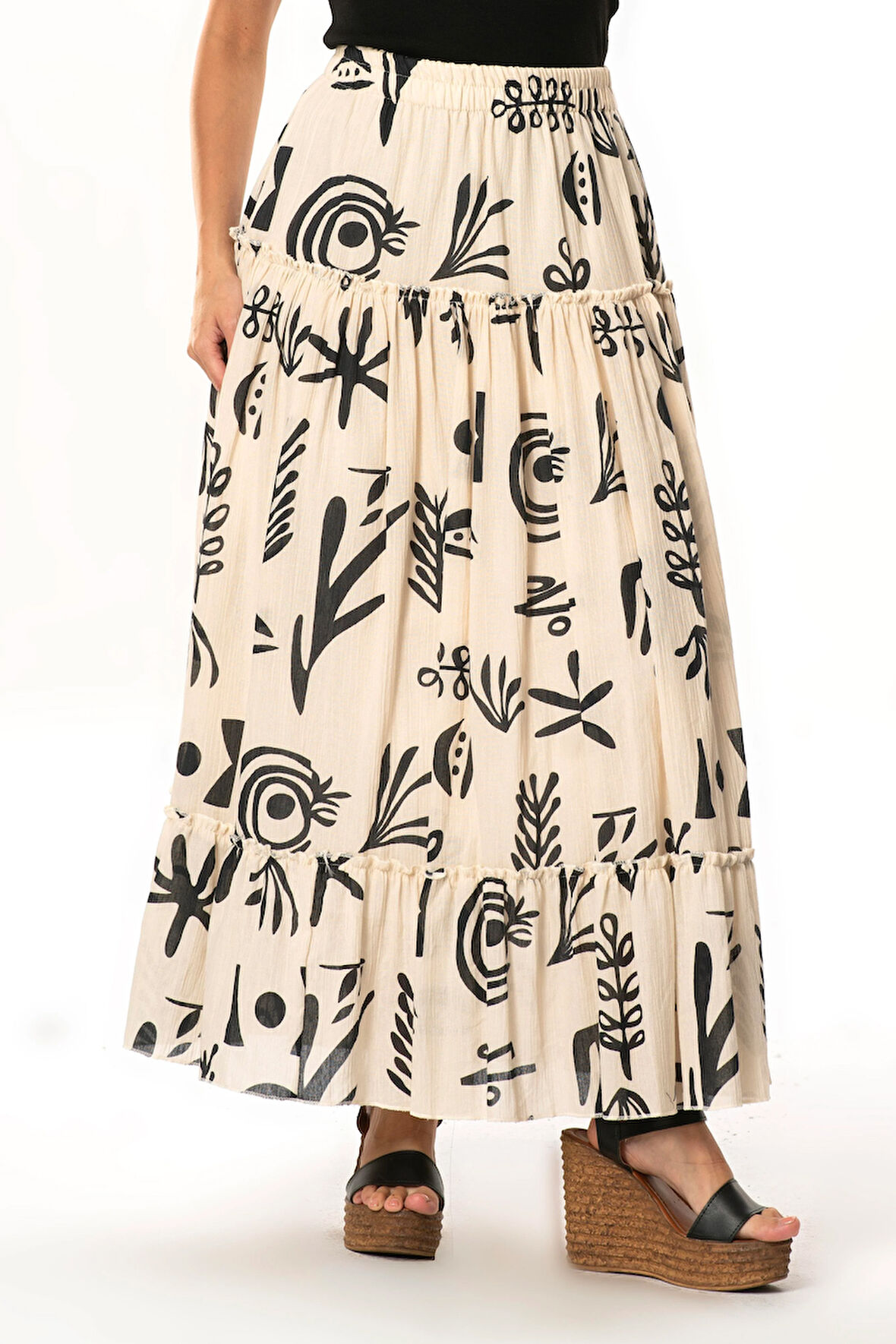 Hale Şile Bezi Yazlık Desenli Uzun Etek Krem Krm