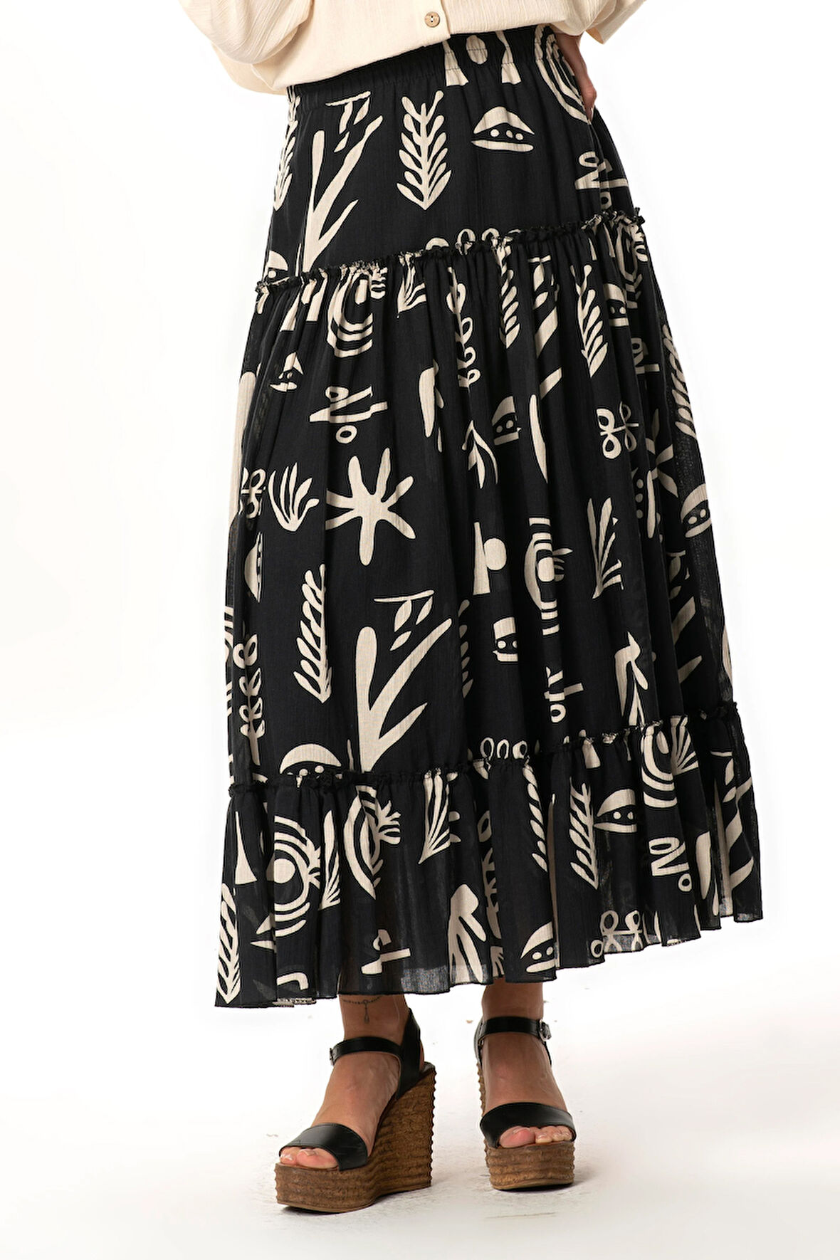 Hale Şile Bezi Yazlık Desenli Uzun Etek Siyah Syh